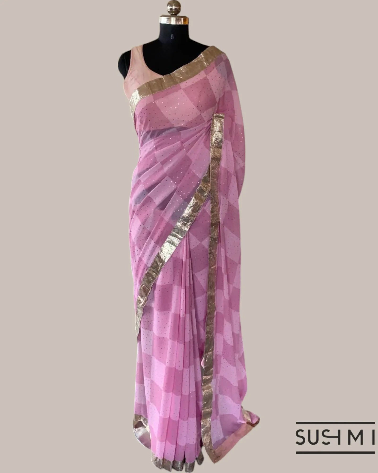Pure Gorgette Saree in Checks Pattern , Allover Seuence & Hemlined Wth Gota lace