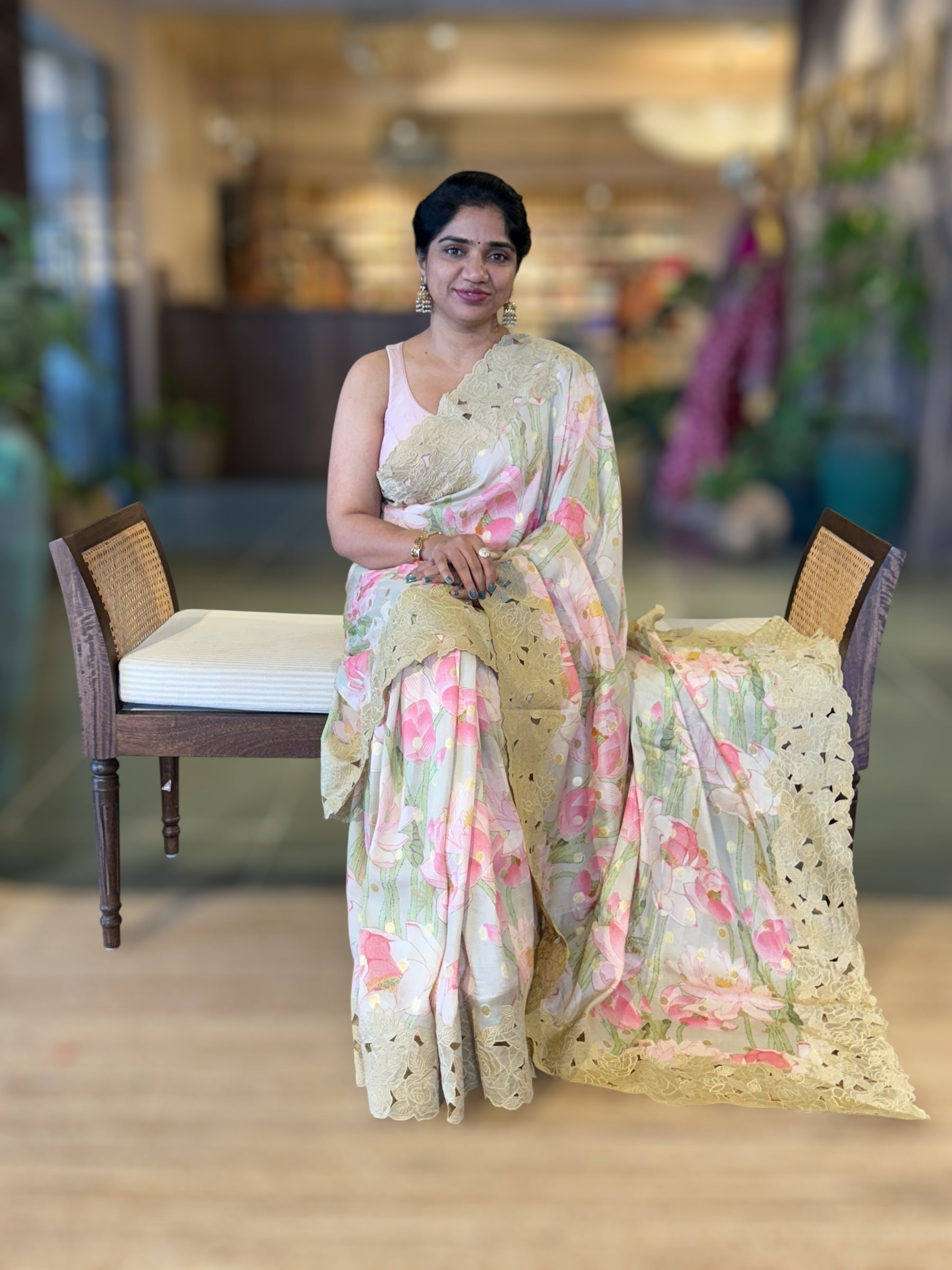 DustyTone Banarasi Printed Tussar Khaddi Gorgette Wth Tissue cutwork Rose Border