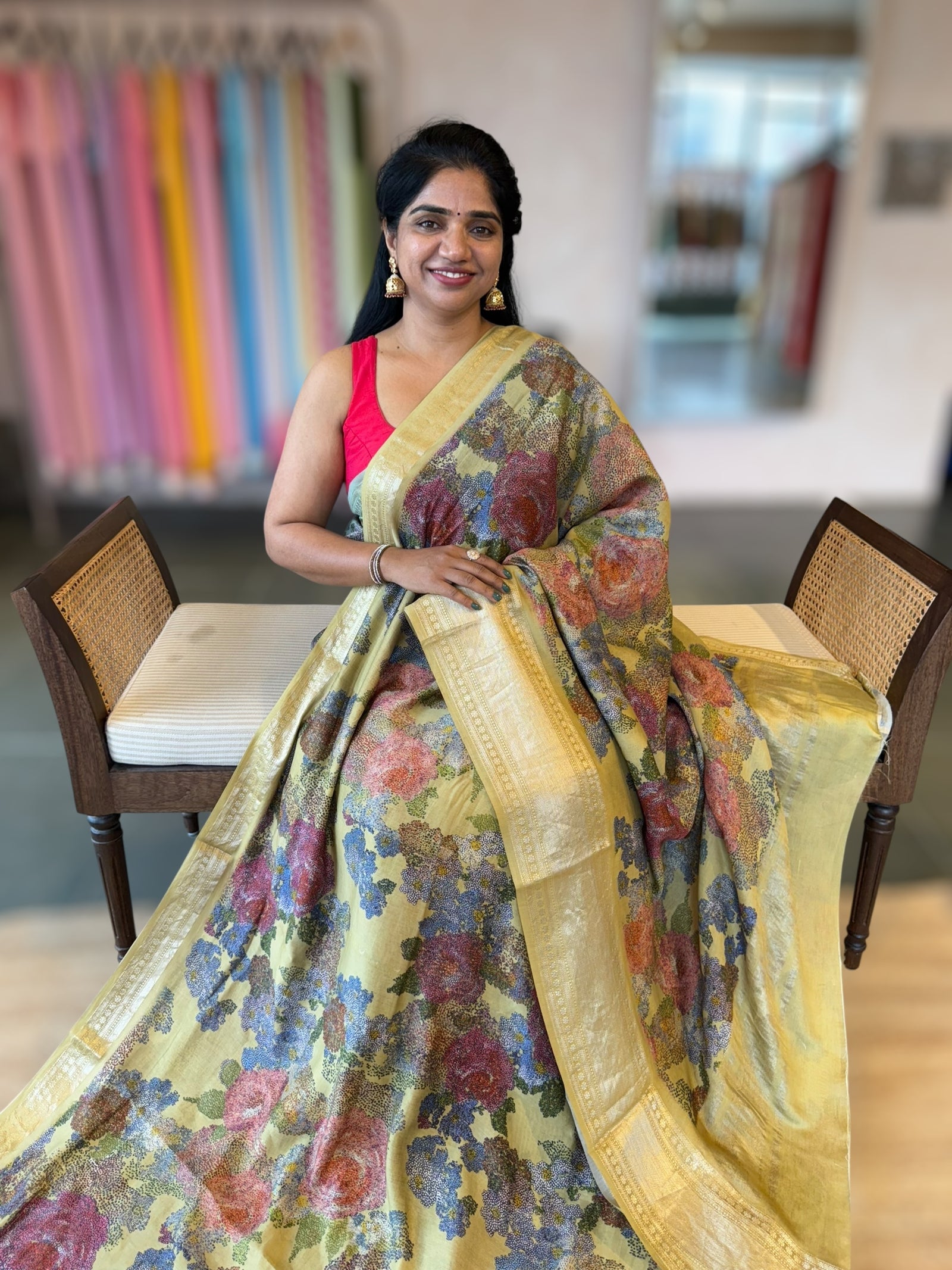 Light Olive Pista Chiniya Silk Saree With Petite Point  Emb Style Print