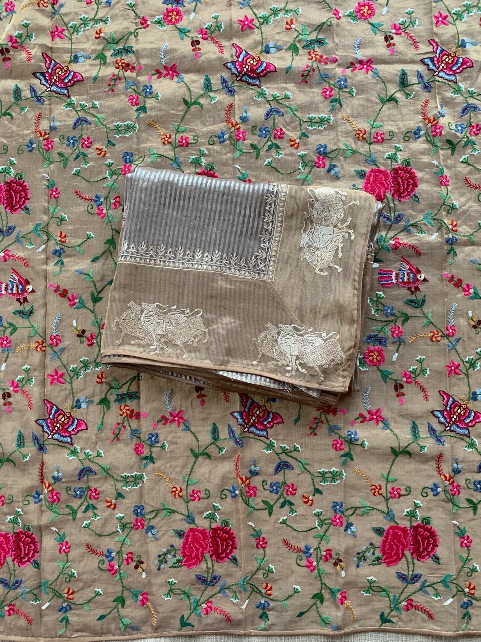 Earthy Tone Tissue Stripes Saree with Nandi Border & Tissue Petite Point Blouse