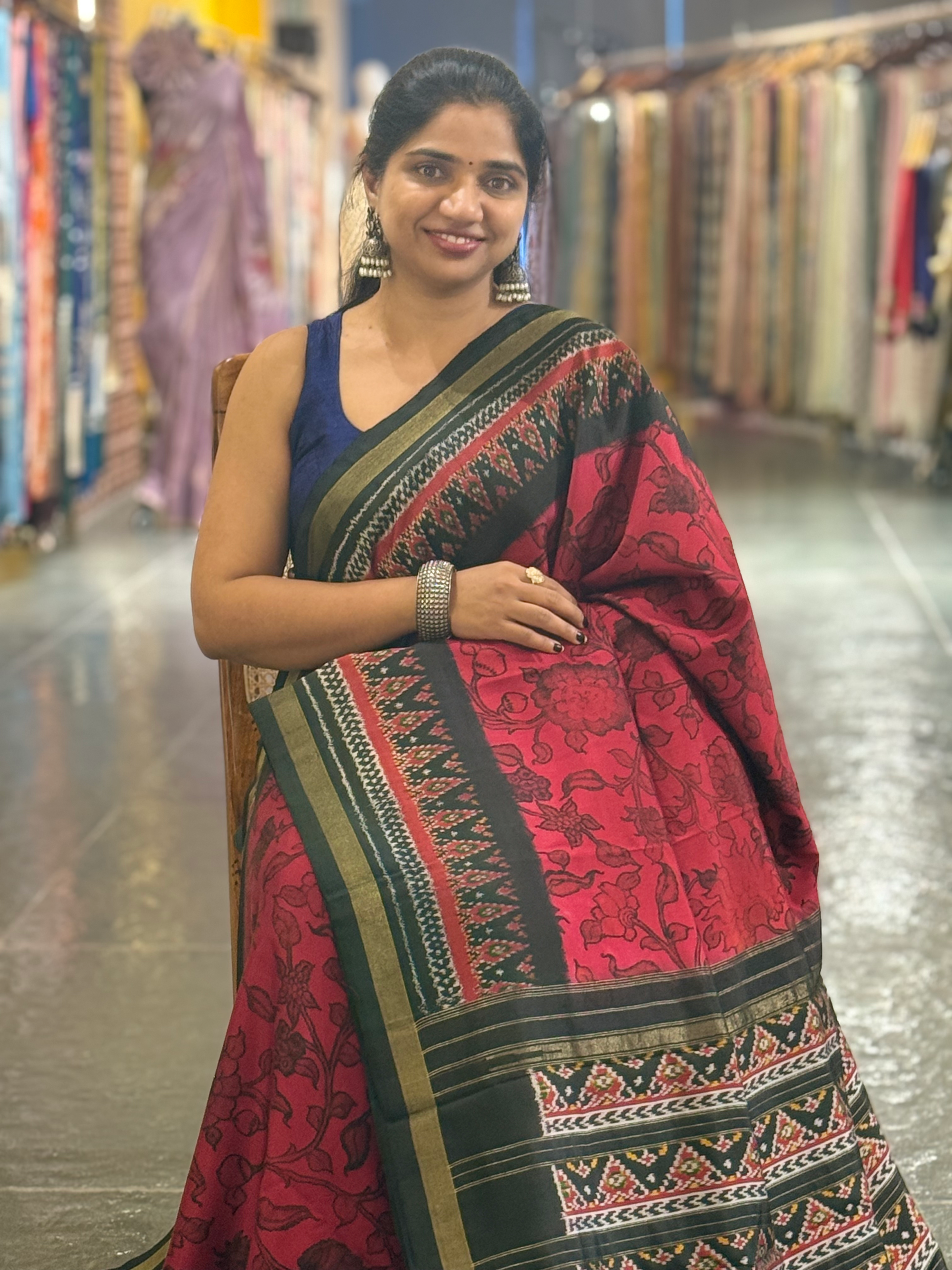 Ikkath Patola Sarees with Pen Kalamkari Style Digital  Prints