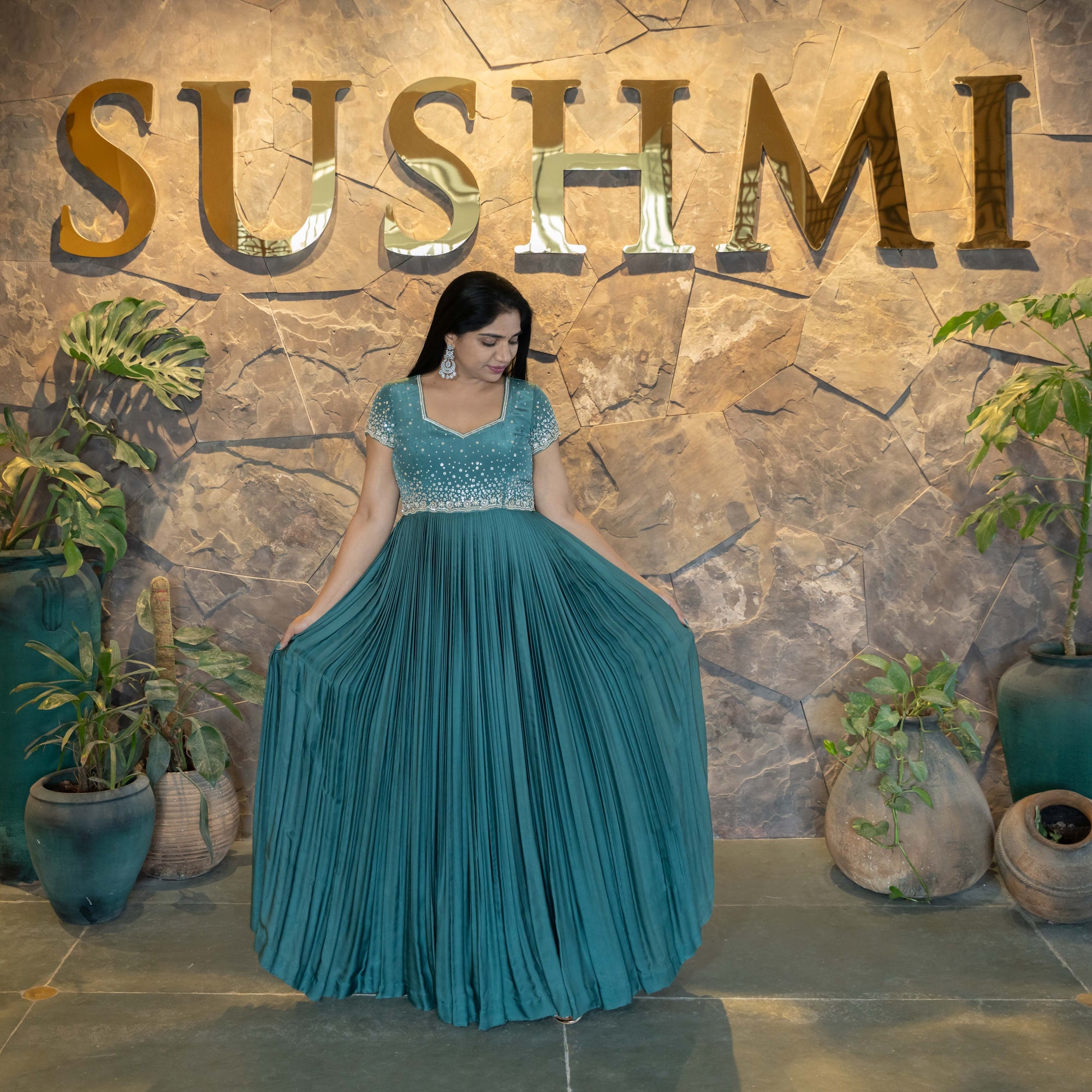 Peacock Blue Modal Satin Silk Long Frock with handwork yoke