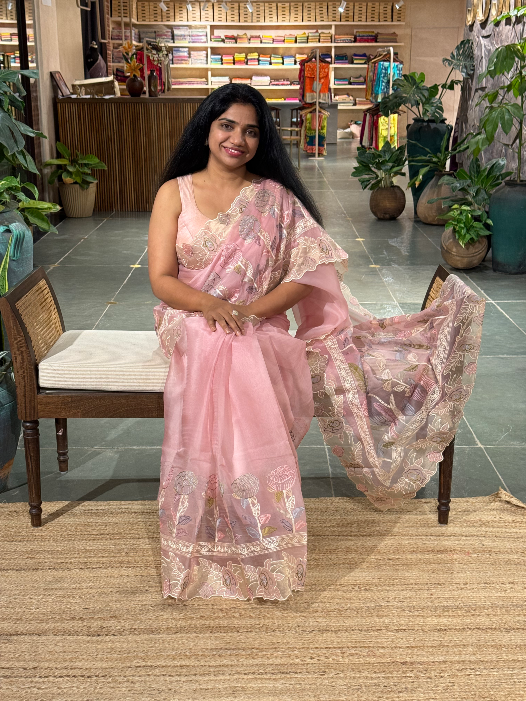 Blush Pink Pure Organza Saree with embroidered and cutwork borders