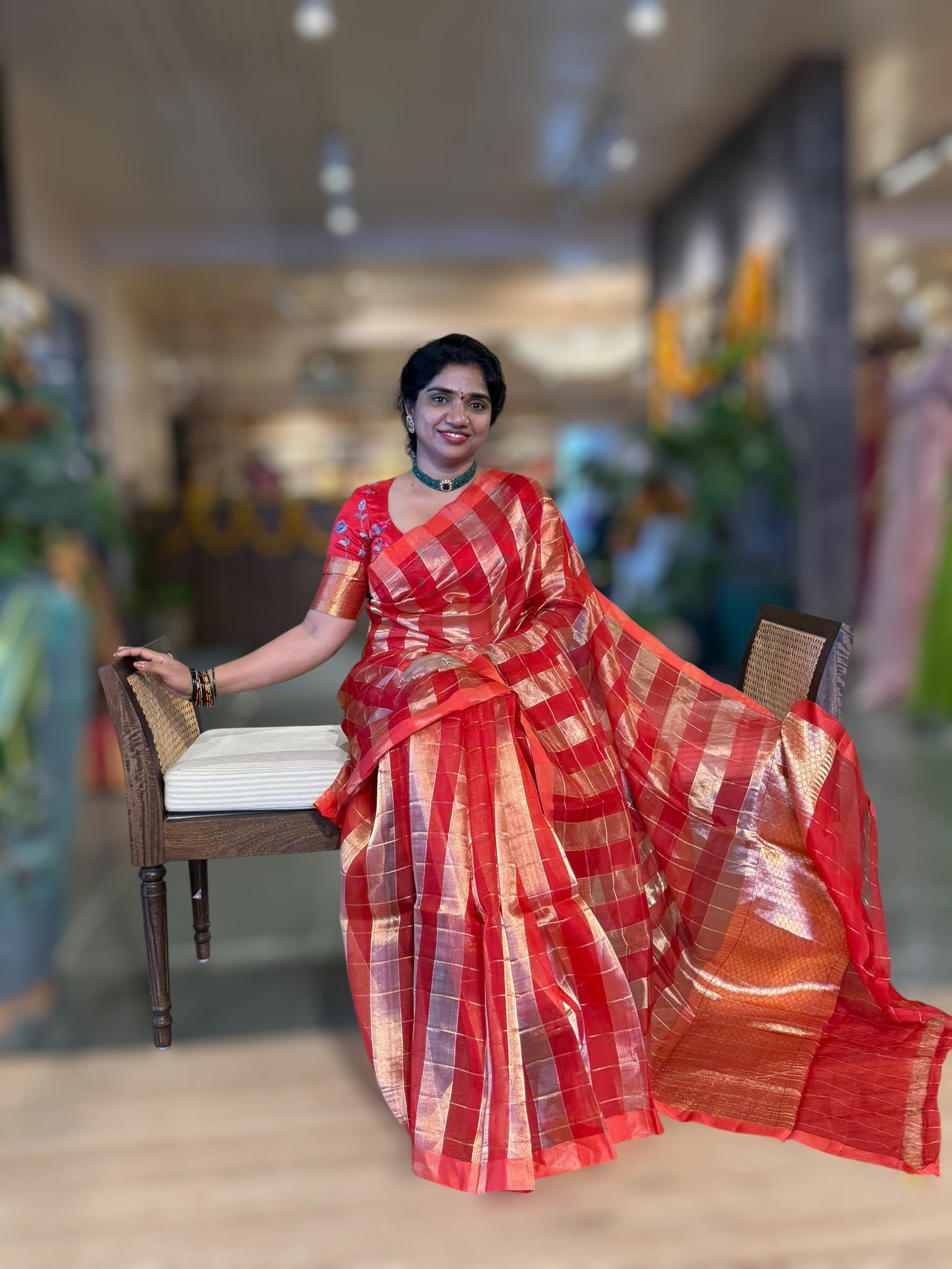 Red Pure Handloom Banarasi Kora Tissue Checks Saree