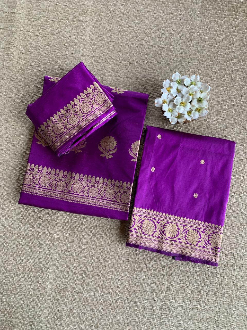 Purple Pute Handloom Katan Silk  3 pc Suit Set with  kaduwa weaving