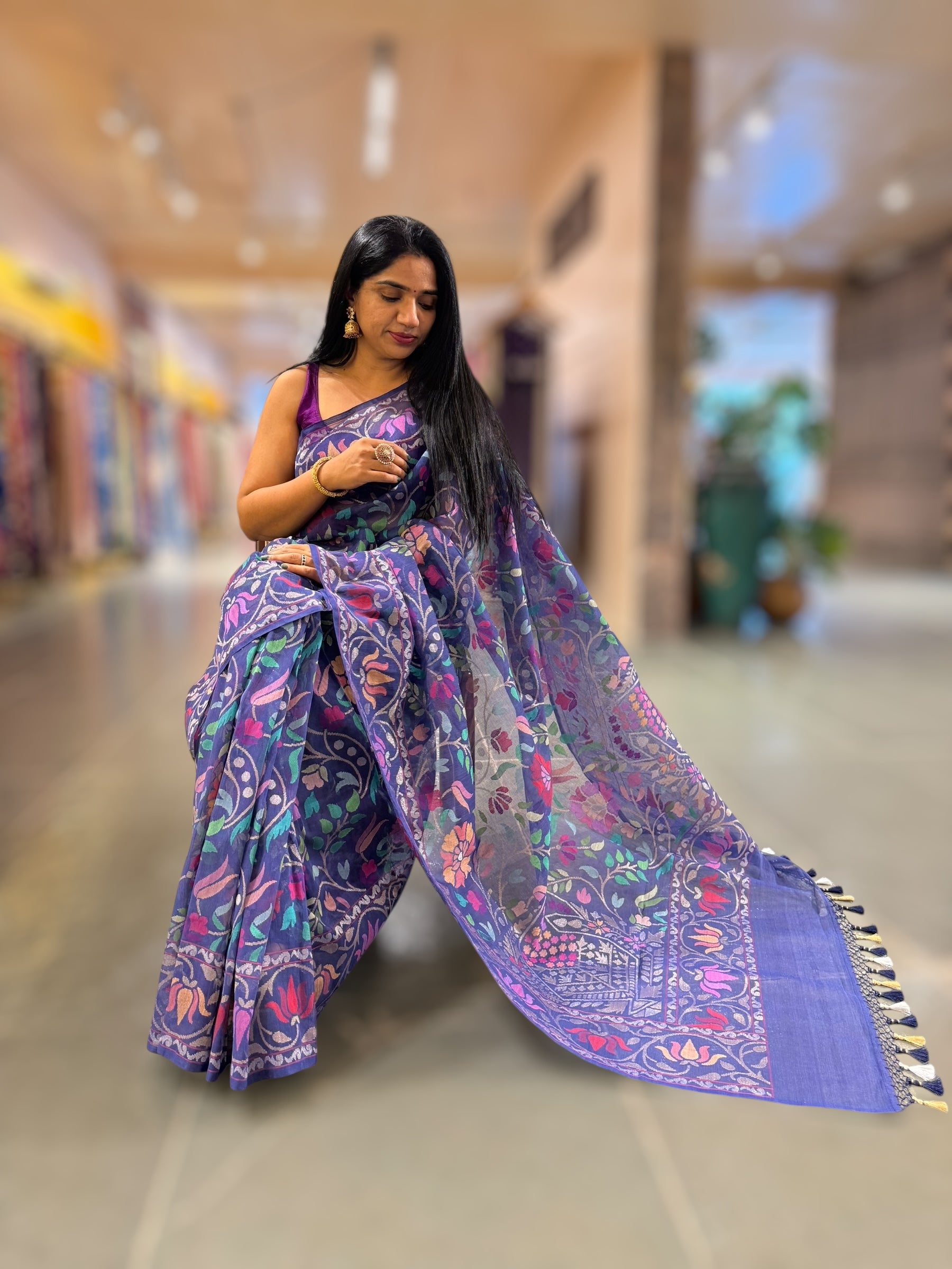 Neelambari - Real Zari Banarasi Cotton Jamdani Saree