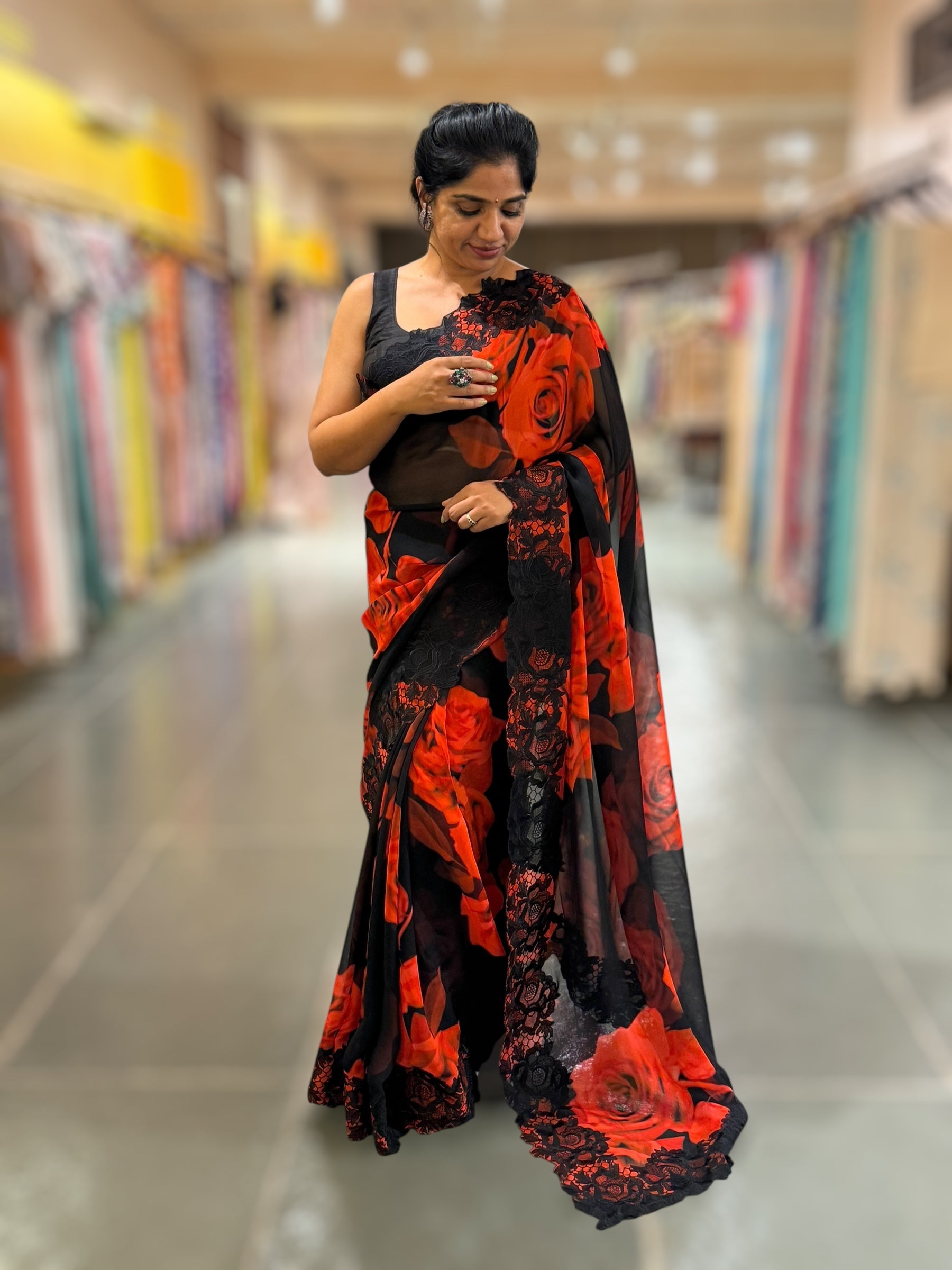 Red & Black Gorgette Saree With Chatilly Lace style Cutwork embroidered Border