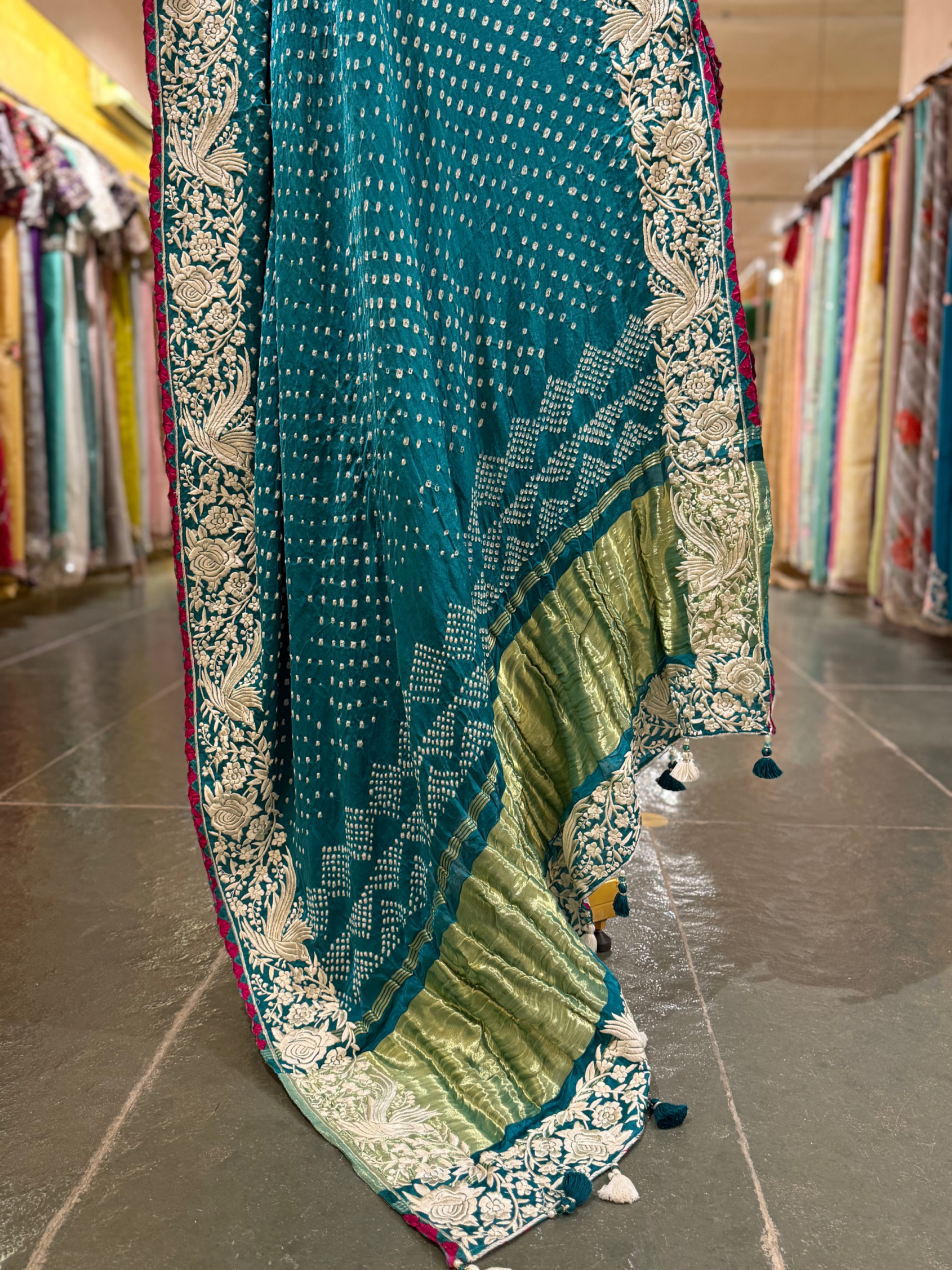 Peacock Blue Pure Gajji Silk Kutch Bandhej Saree with Parsi Gara Embroidery
