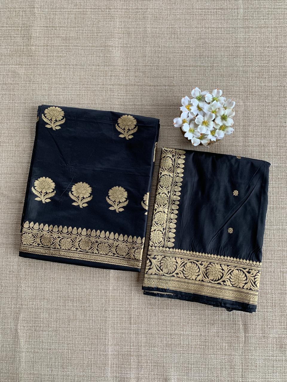 Black Pure Handloom Black Katan Silk  3 pc Suit Set with  kaduwa weaving