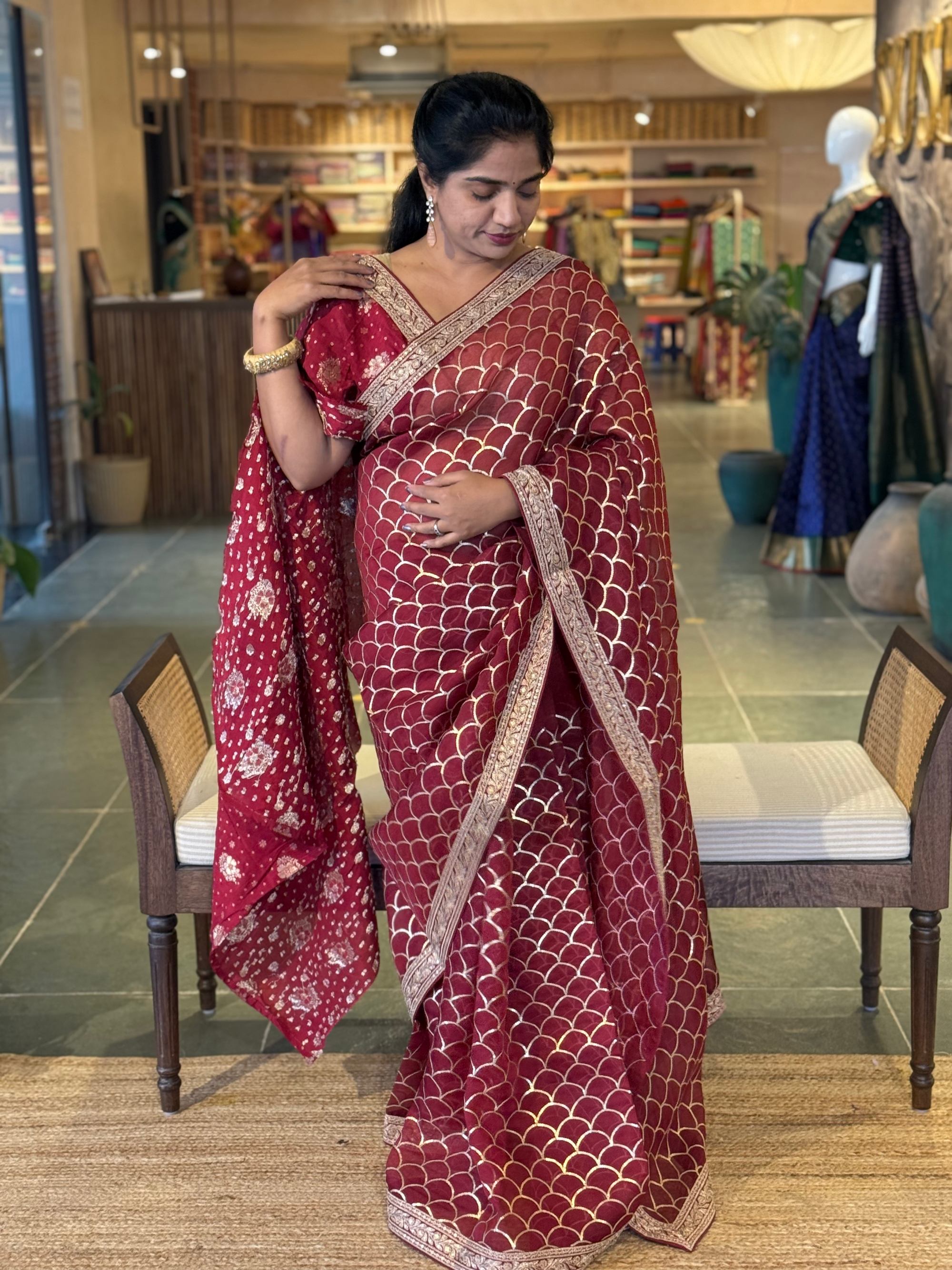 Burgundy Color Pure Organza allover Sequnce Saree in Sabhyasachi Style