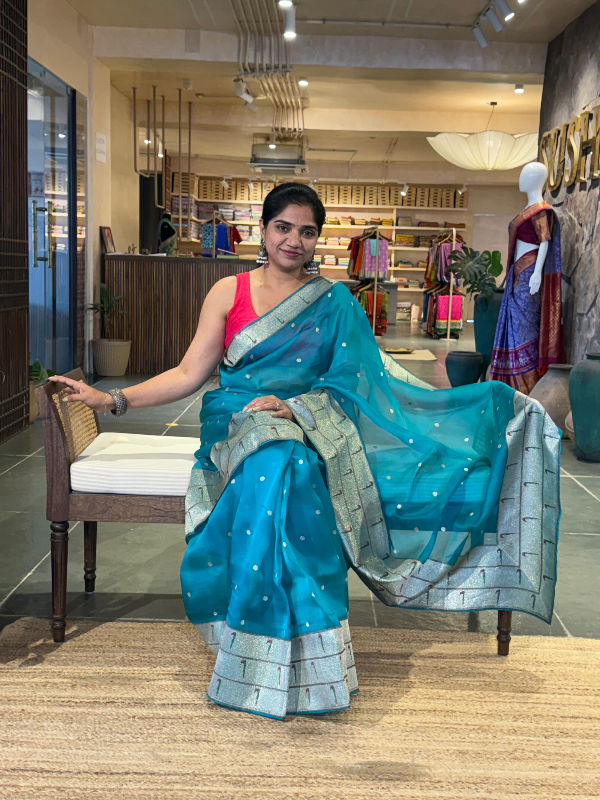 Peacock Blue Pure Handloom Kora Silk and Pythani Fusion Saree
