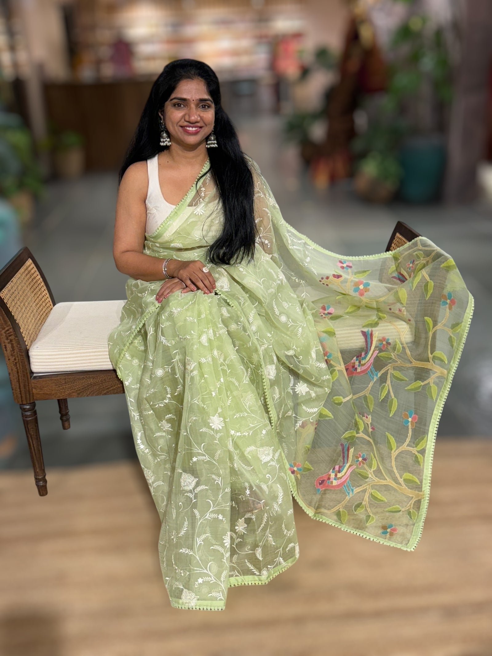 Pista  Green Pure Handloom Muslin Saree with Allover chikankari & Jamdnai Pallu