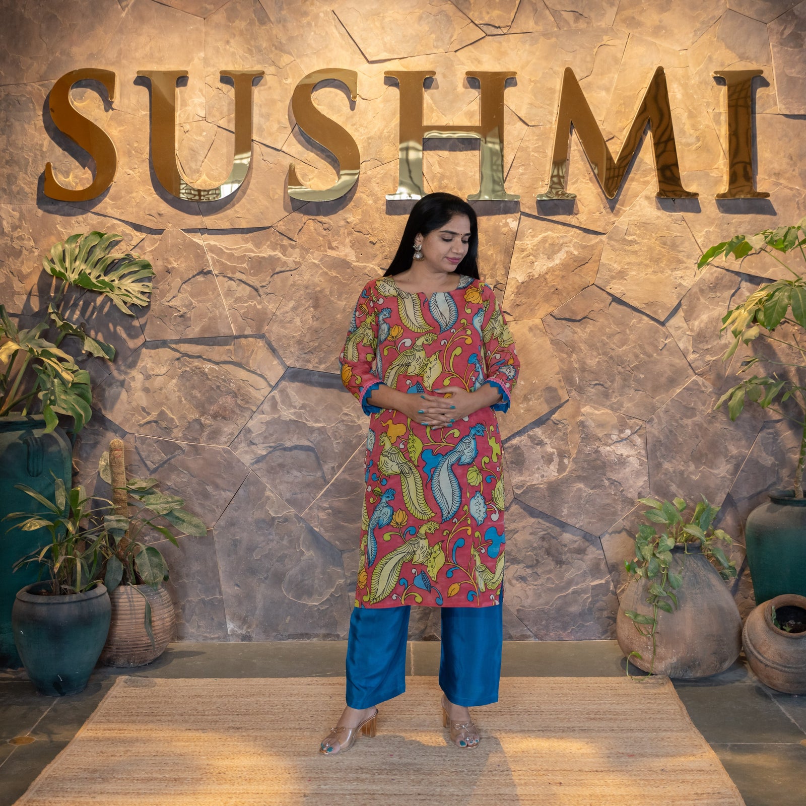 Statement Peacock Pen Kalamkari Silk Coordset