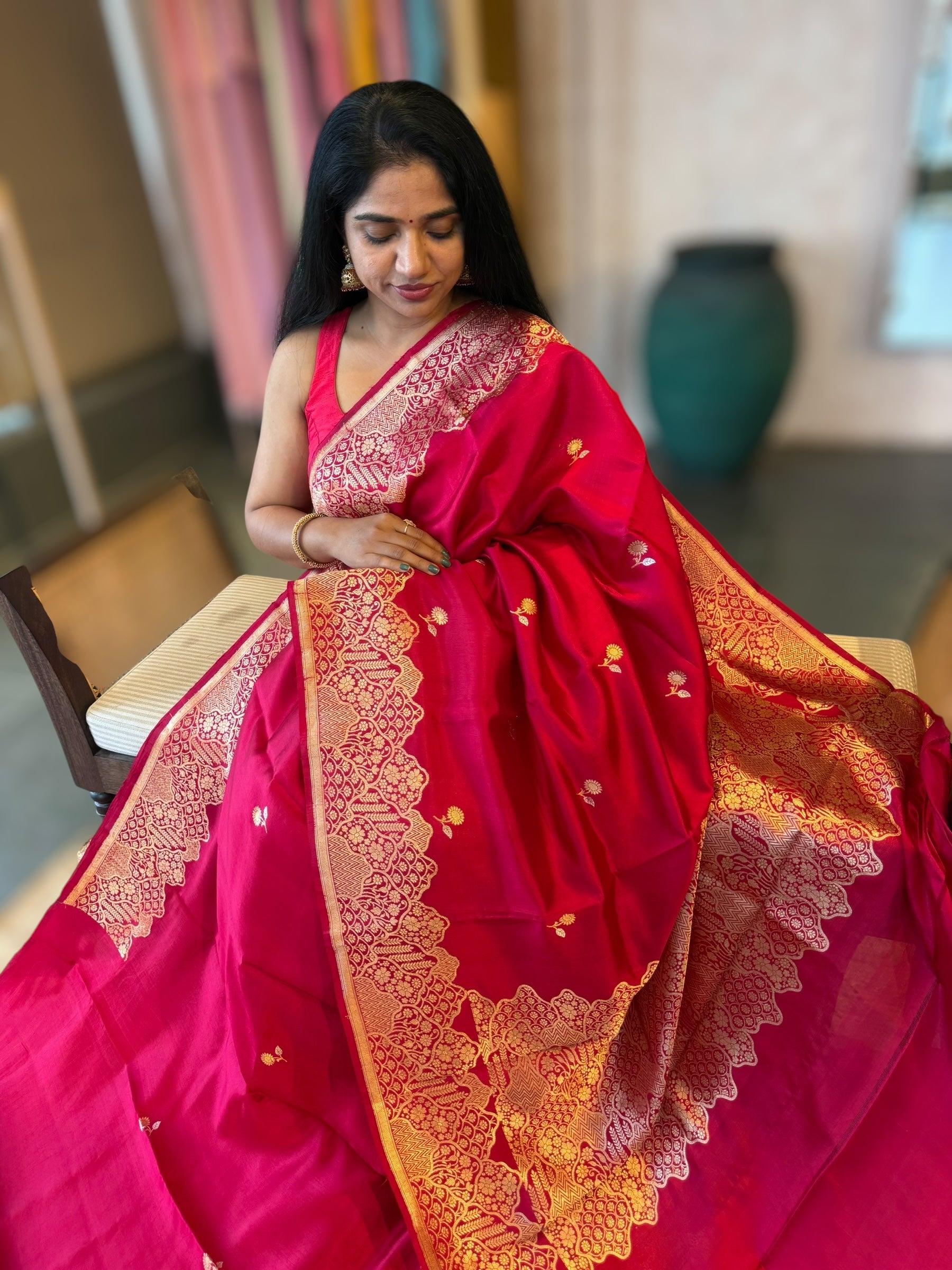 Ruby Pink Banarasi Raw Mango Silk Saree with Open Borders & Kaduwa Weavingc
