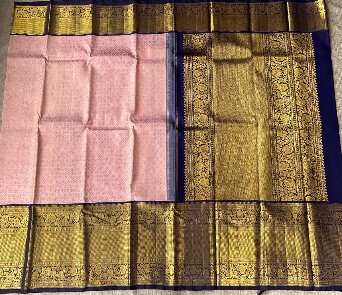 Elegant Pink Pure Kanchi Pattu Silk Saree with Midnight Blue Zari Border