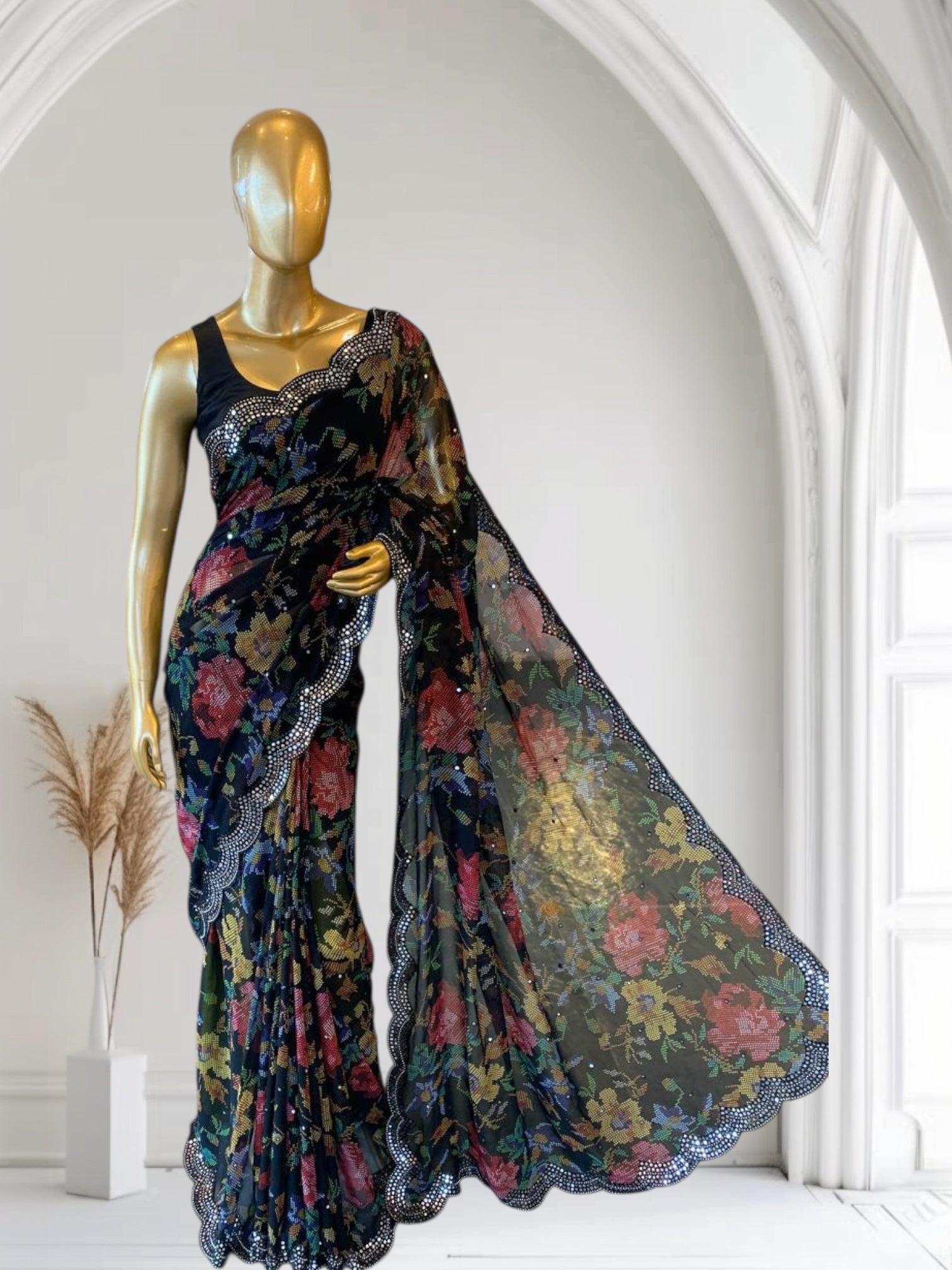 Black Gorgette printed Saree with handwork mirrorwork borders