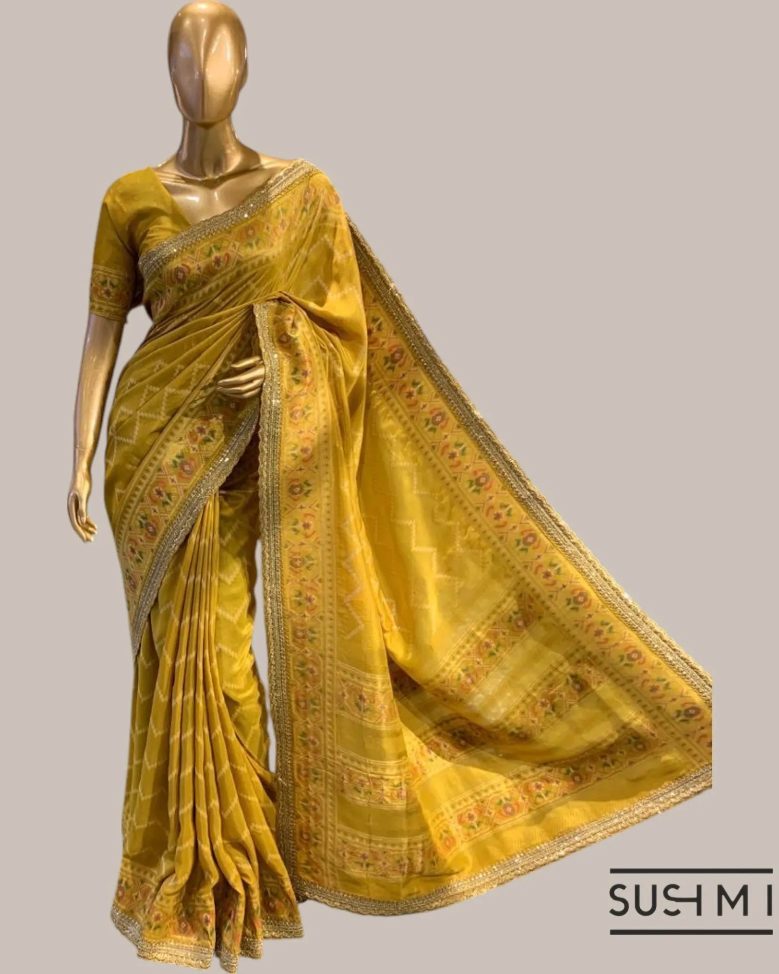 Mustard Tussar Silk Gorgette Saree in Ikkath Patola style Chevron body and Patol