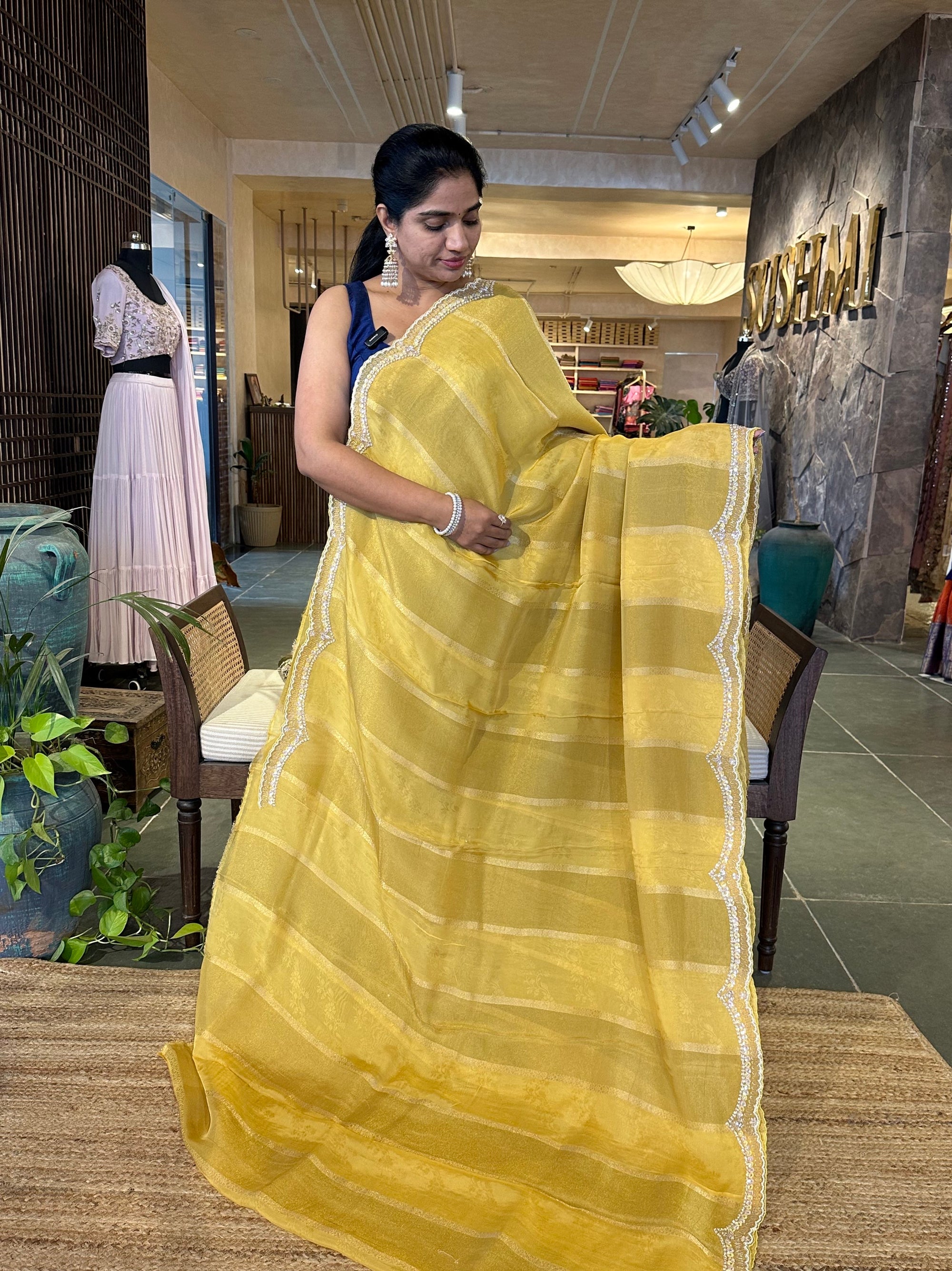Yellow Tissue and kora brasso Saree with Scalloped handwork borders & blouse