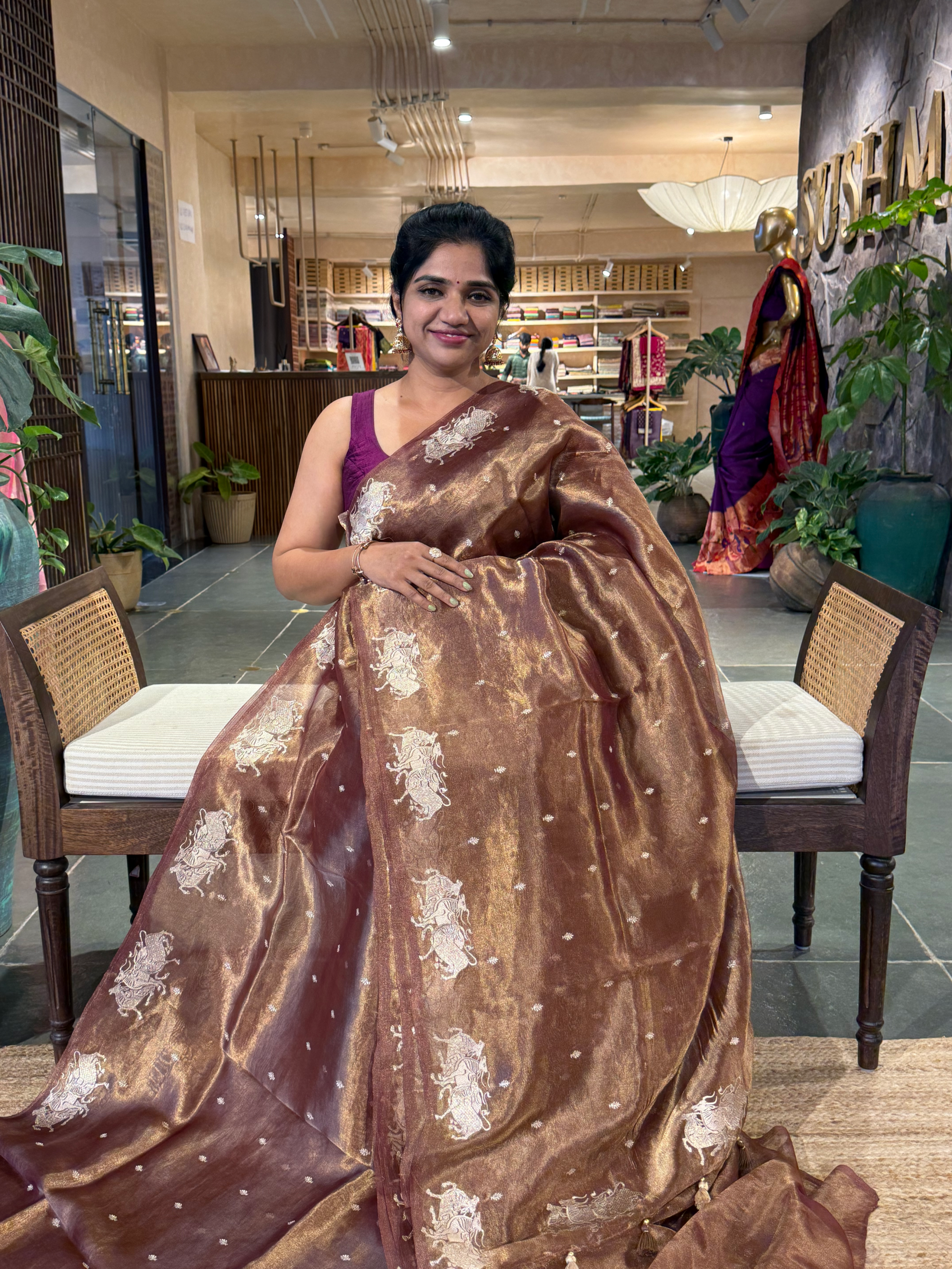 Winish Brown Tissue  Saree with  Nandi Embroidery & Stripes Tissue  Blouse