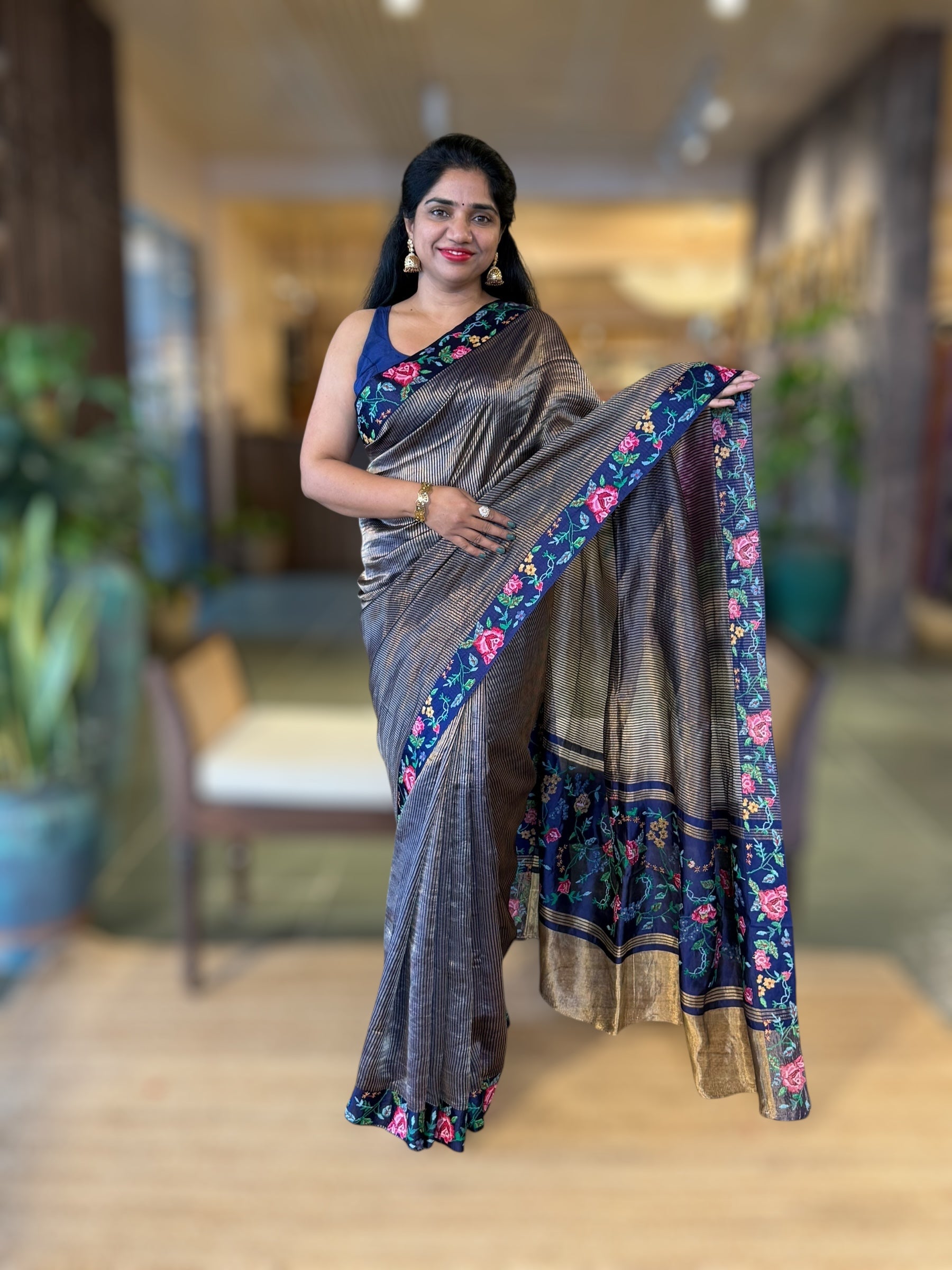 Navy Tissue Stripes Saree wth Petite Point Embroidered Border Pallu & BP