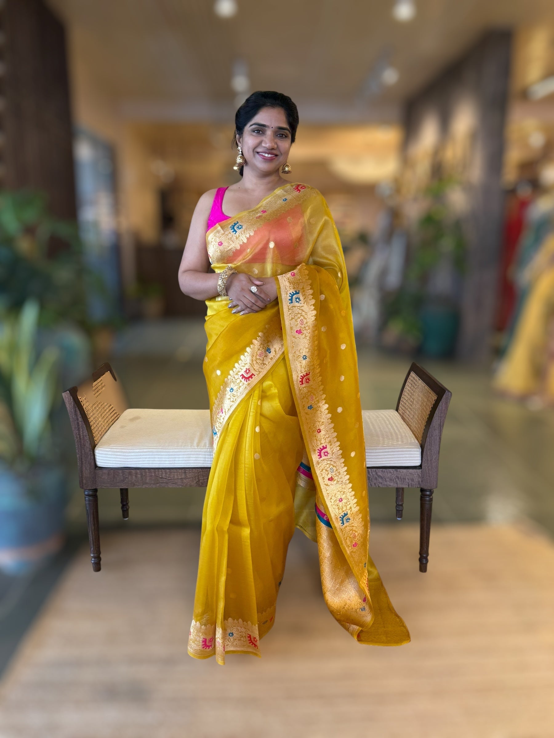 Mustard Shaded Premium Kora Banarasi Saree with Meenakari Kaduwa Woven Border