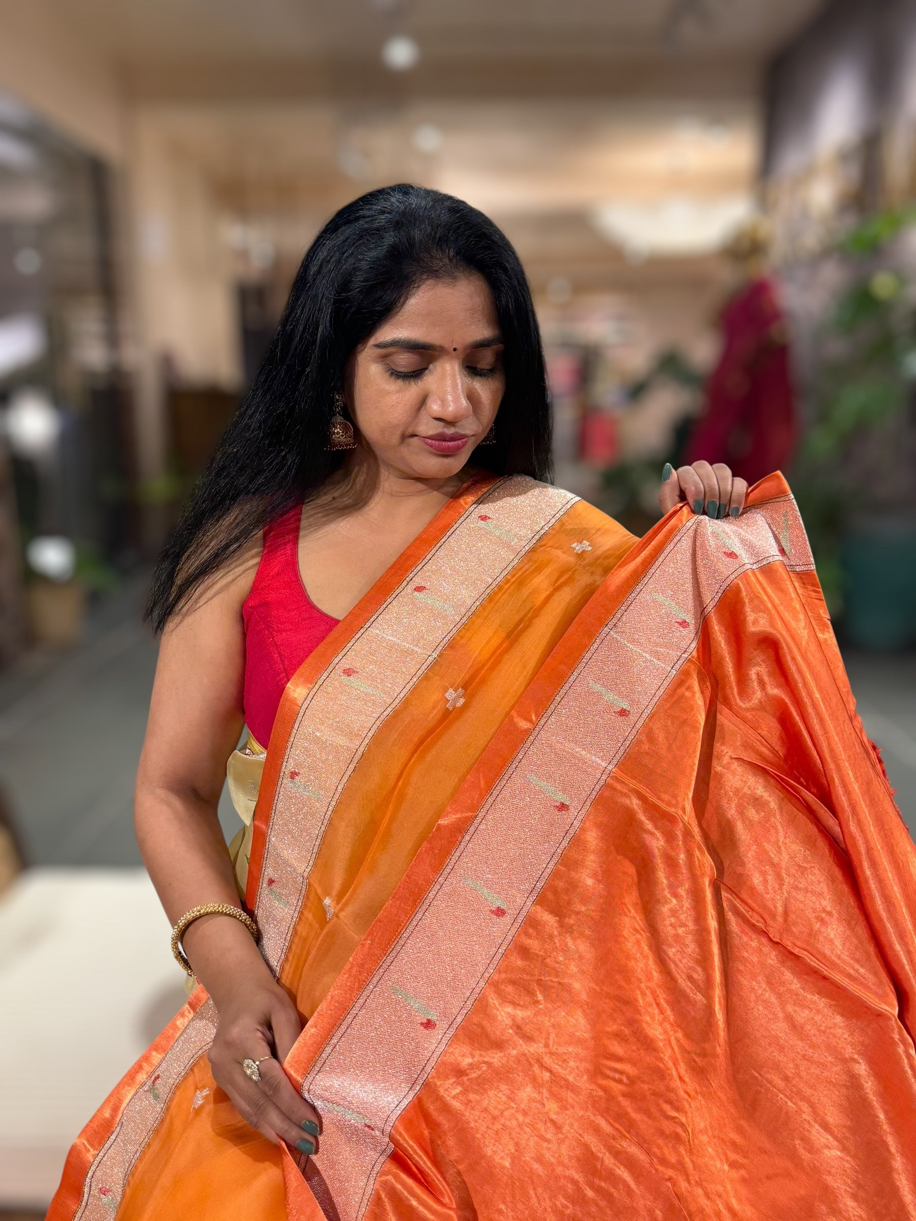Orange Organza Silk Saree With Jamdani Inspired Embroidery