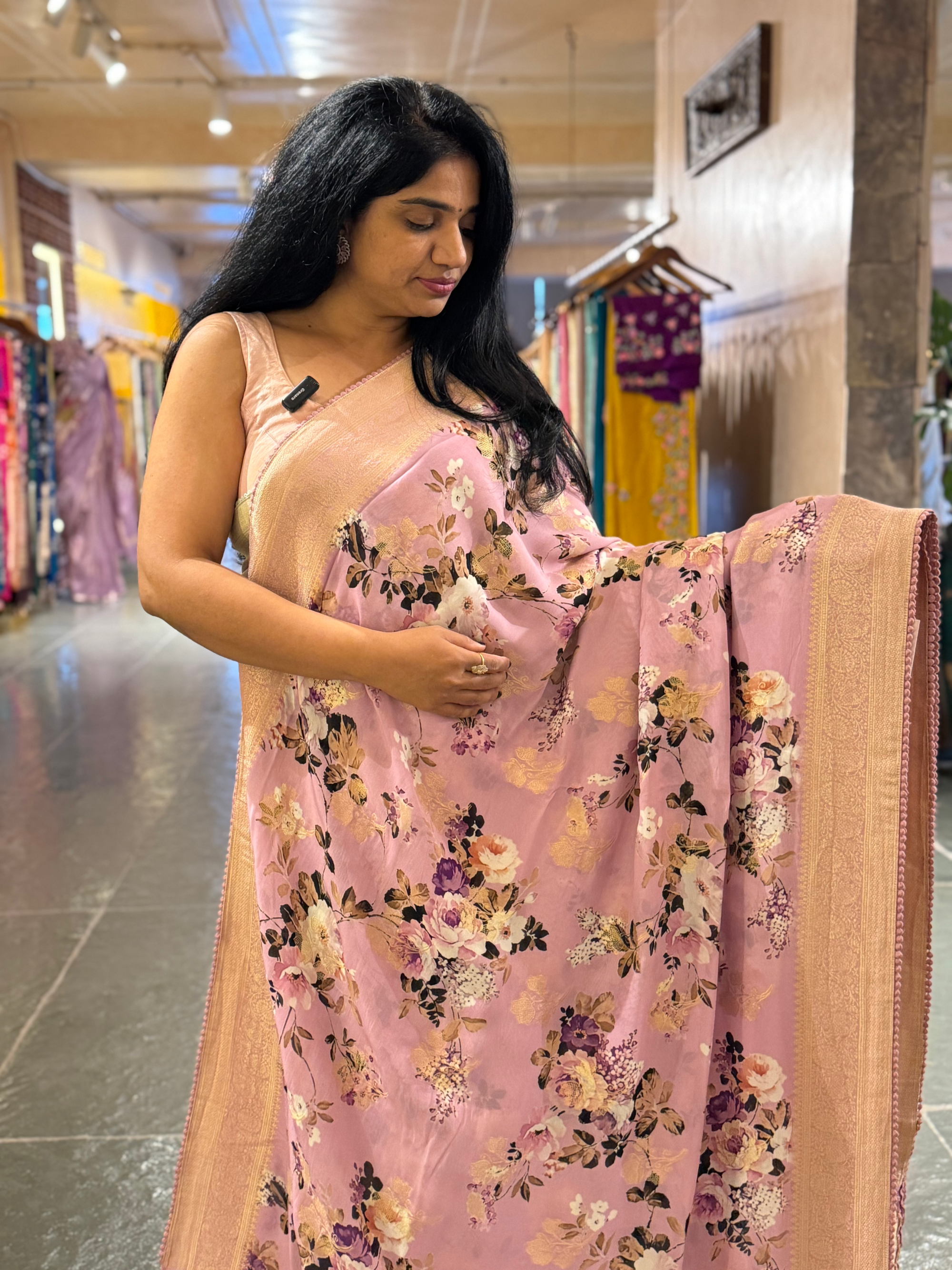 Lilac Pink Banarasi Khaddi Gorgette Sarees with Floral Print