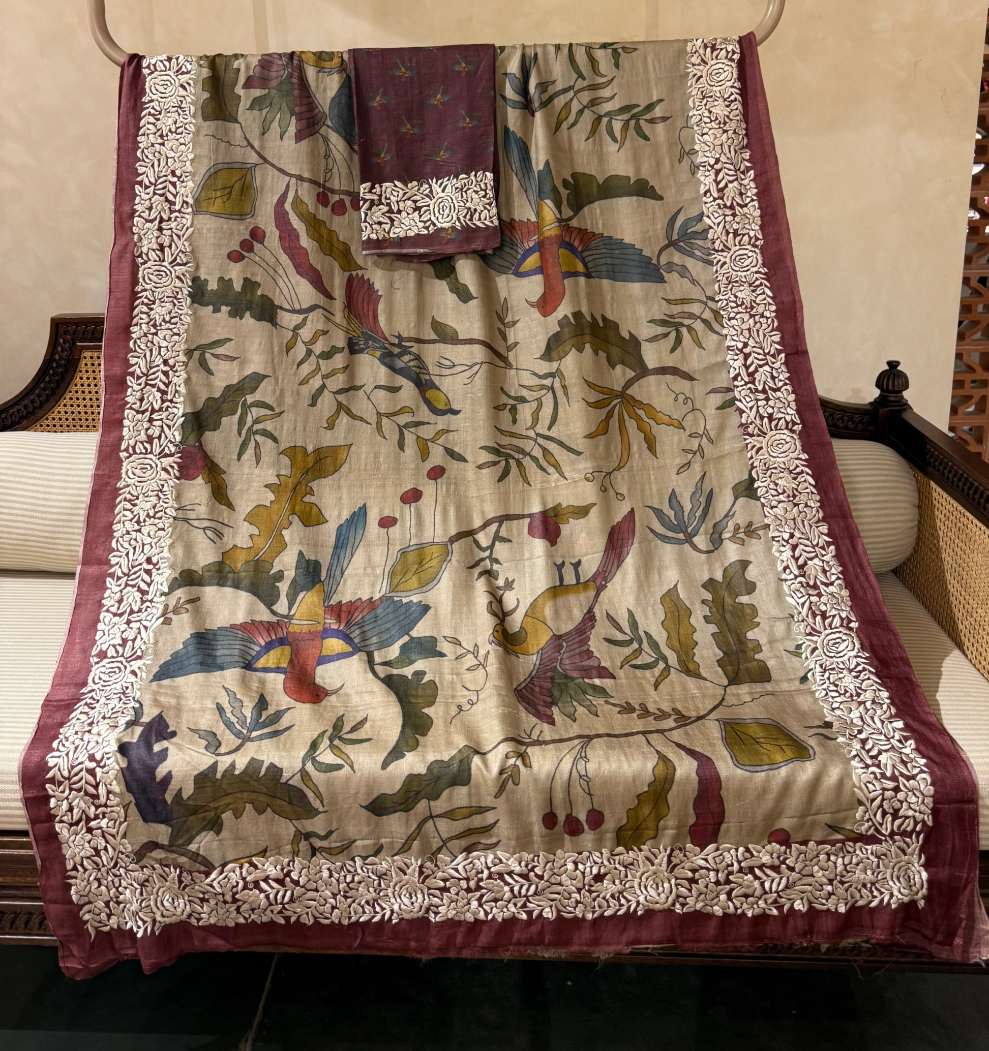 STPGA907 Pure Tussar Fusion Saree with Parsi Gara Embroidered border