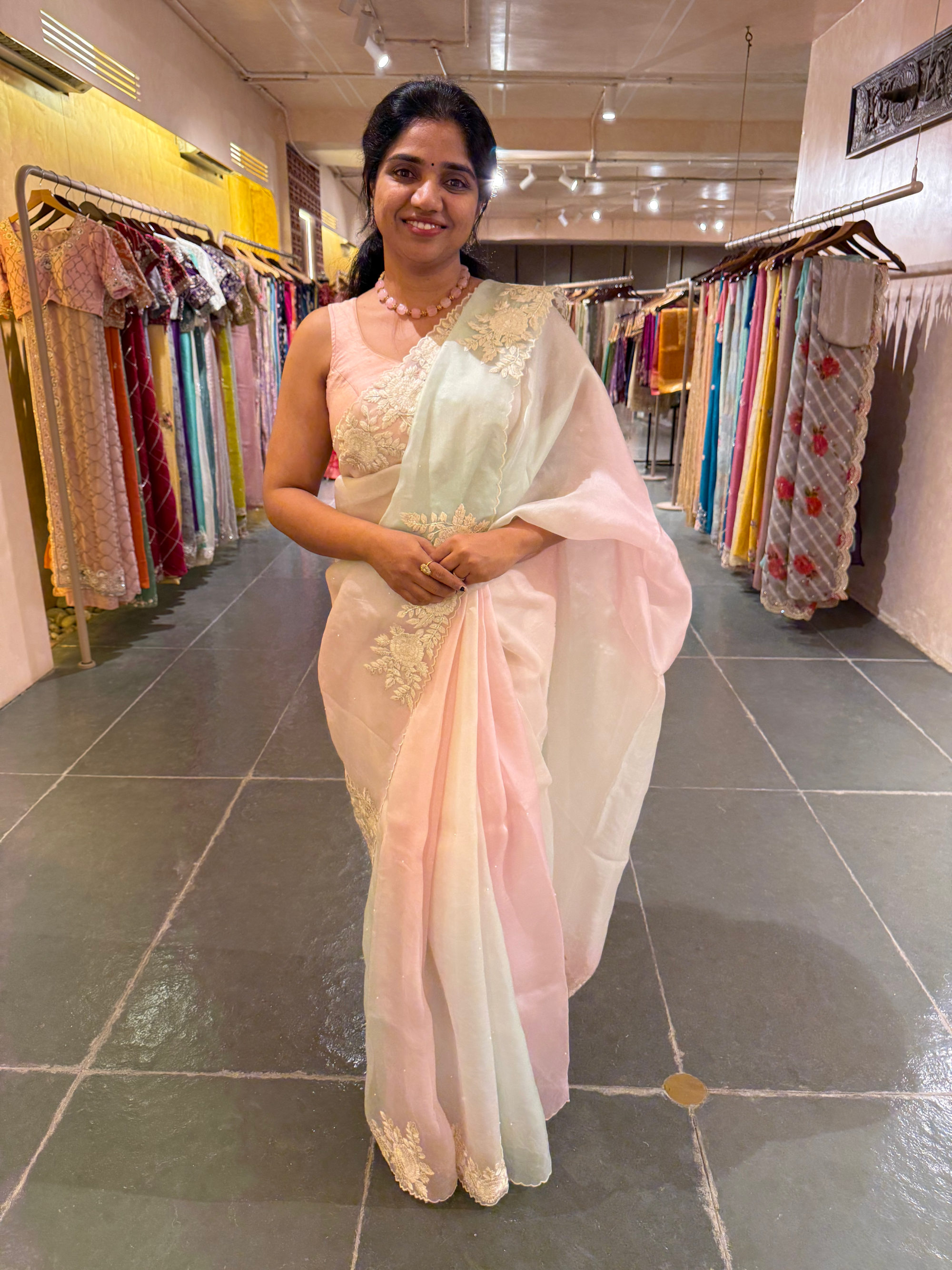 Ombre Dyed Pure Organza Silk Saree with Embroidered Borders