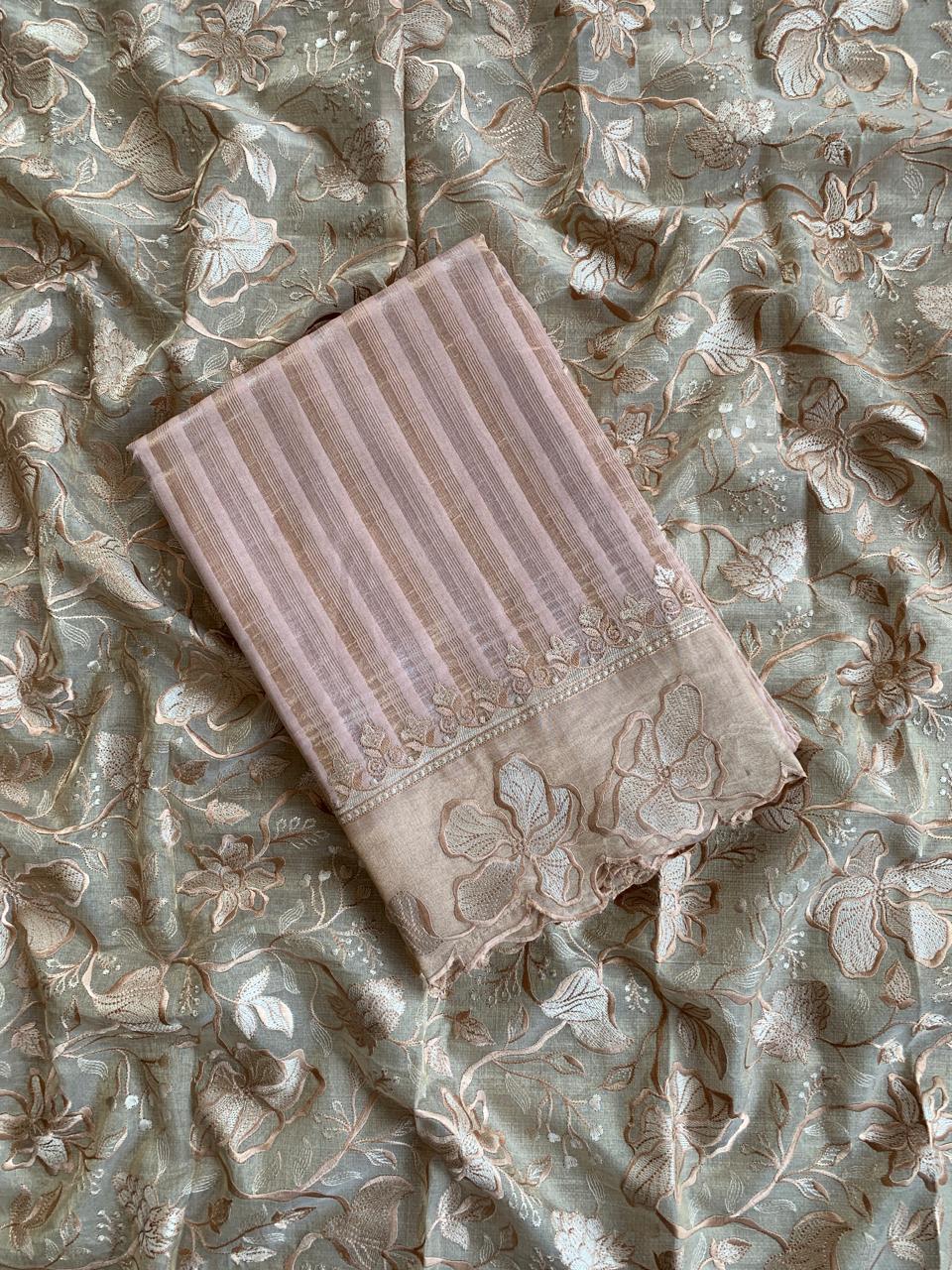 Nude pink Mul Tissue Stripes Saree With Tissue Cutwork  Border & Blouse