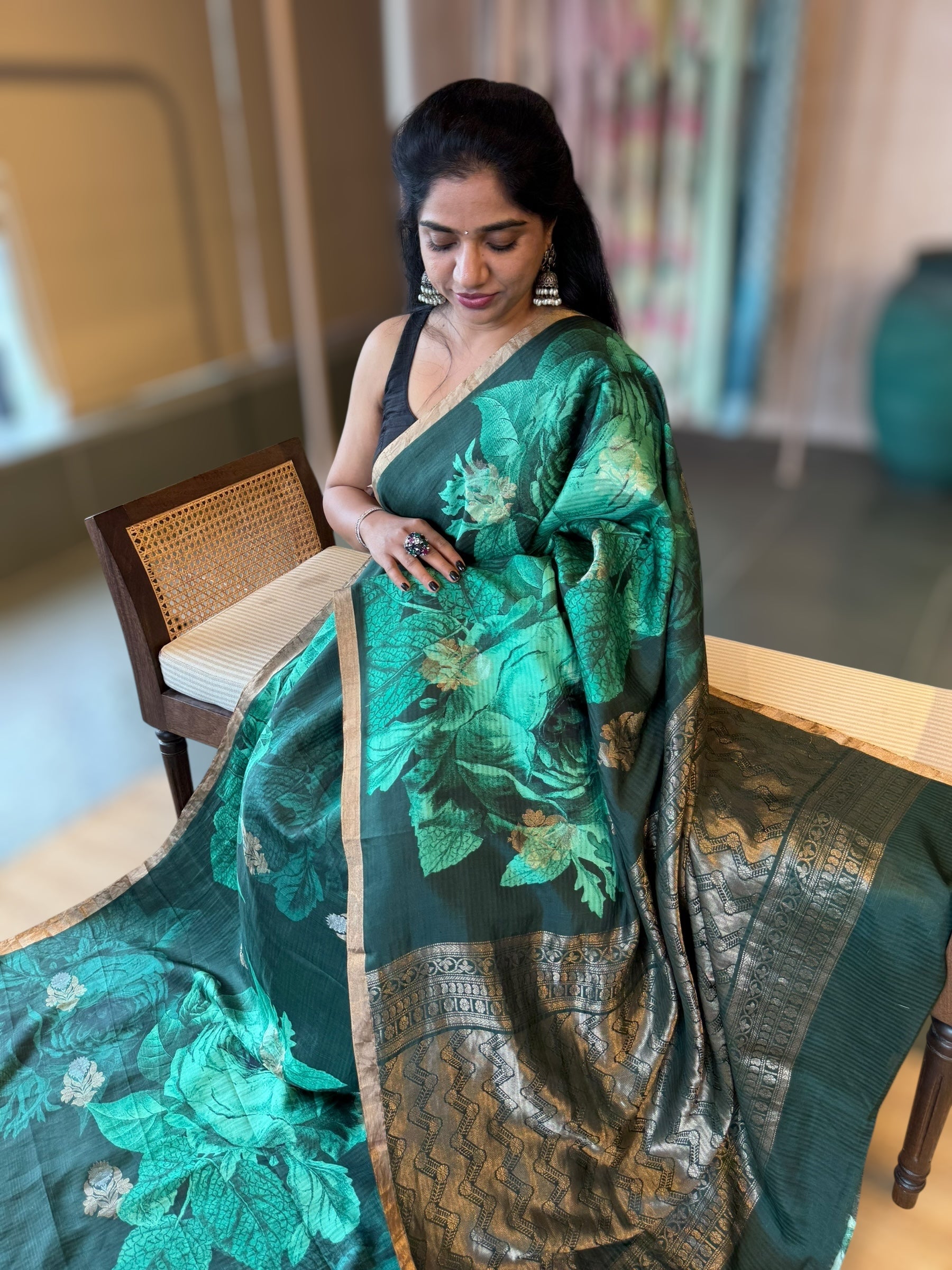 Forest Green Kanchi Soft Silk Saree With Statement 3D Rose Print allover
