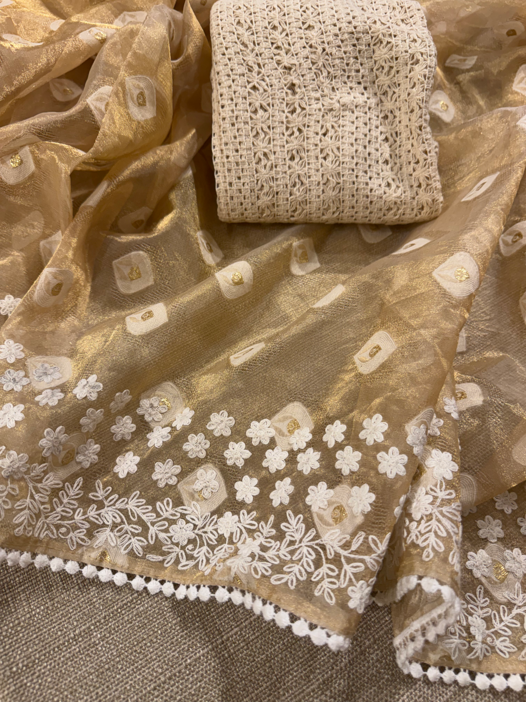 GTEA2003 : Pure Handloom Gold Tissue Saree With handwork borders