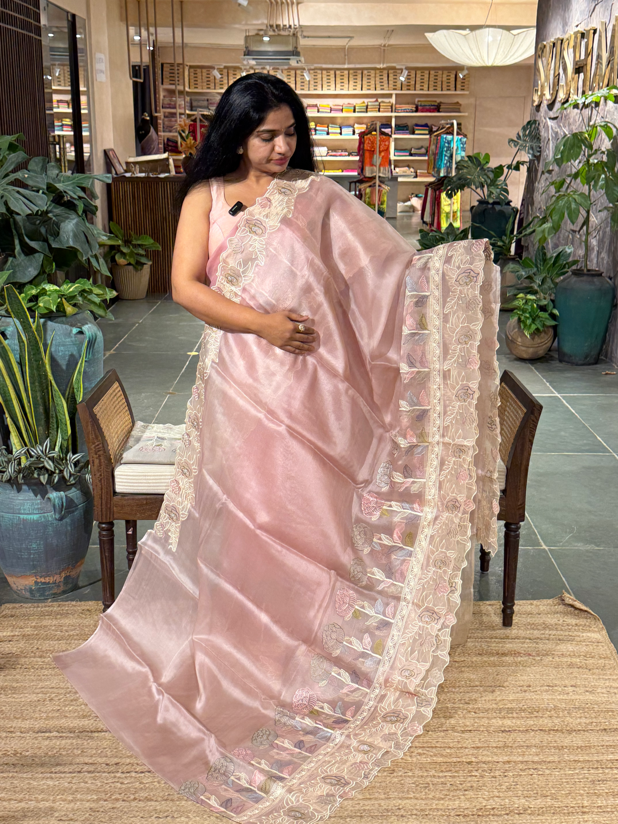 Nude Pink Pure Organza Saree with embroidered and cutwork borders