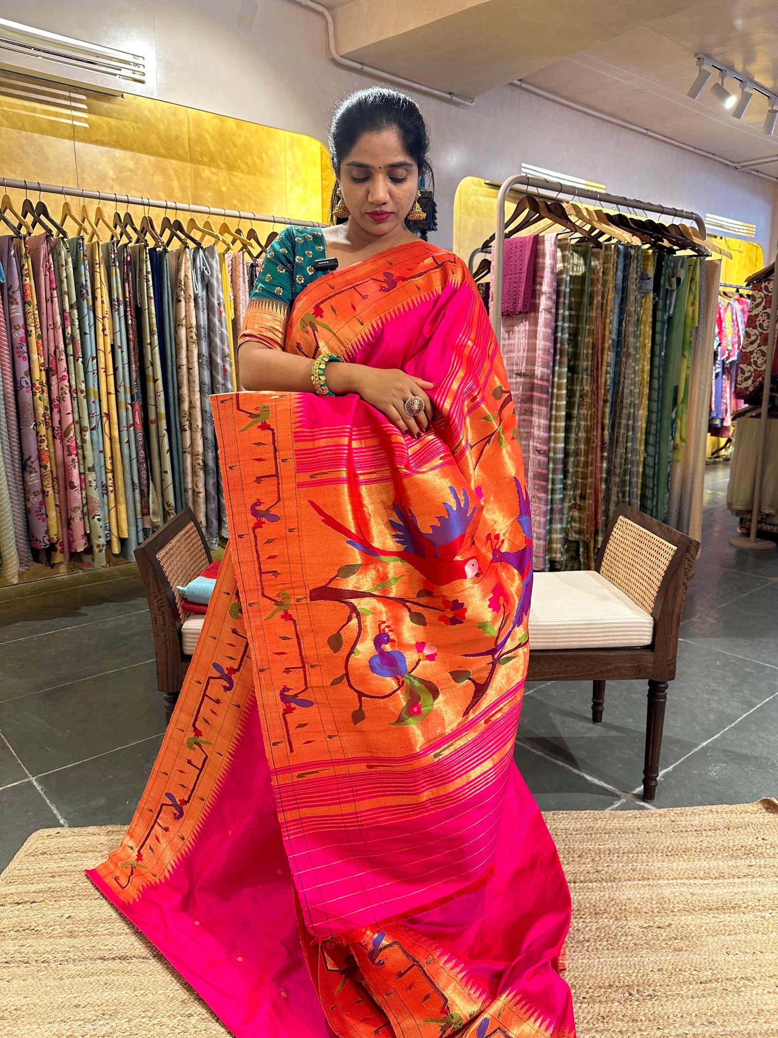 Rani Pink Pure Pythani saree with parrot peacock border
