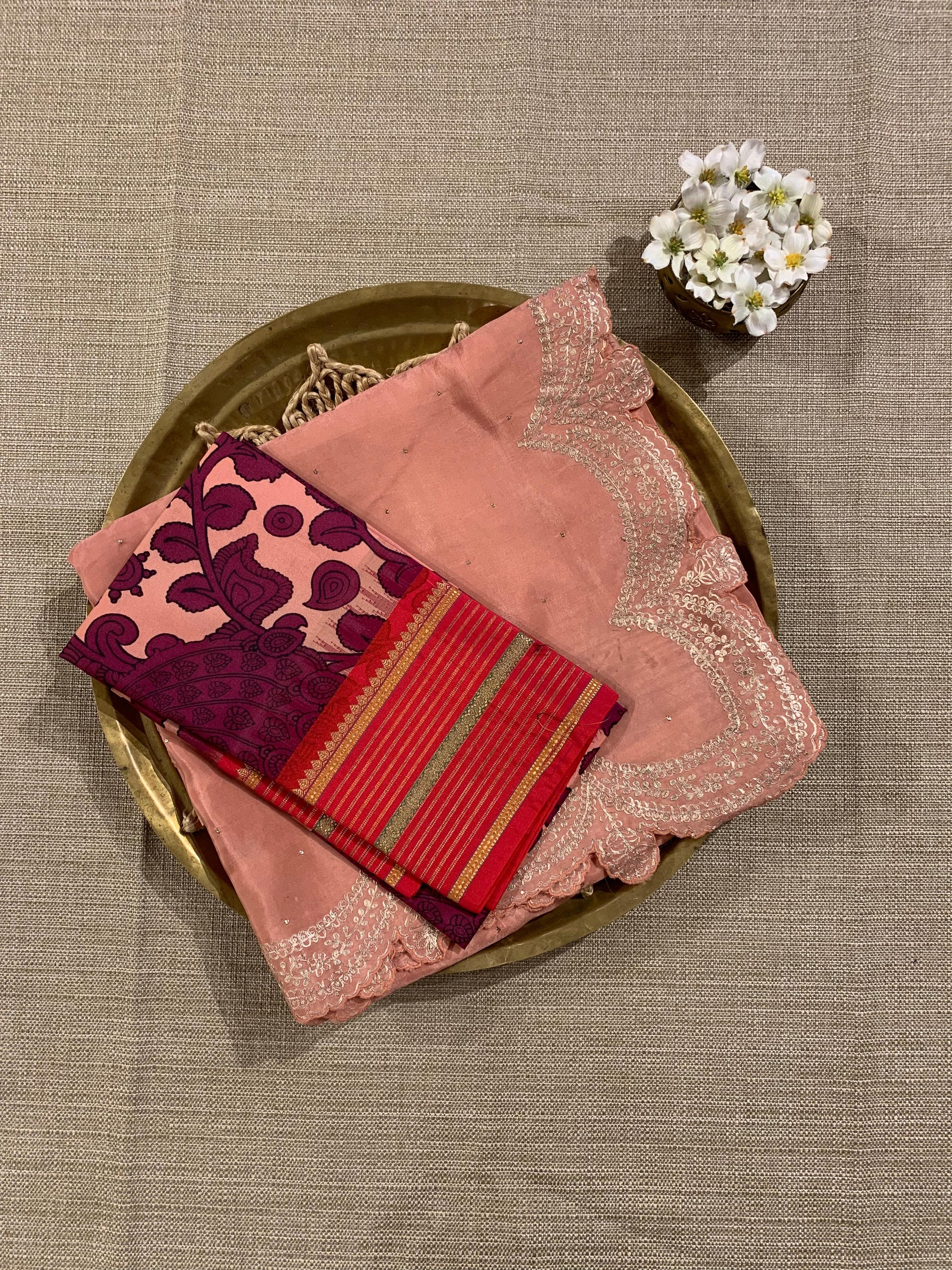 Peach Pink Crepe Silk Saree With Pita Work Scallop Border