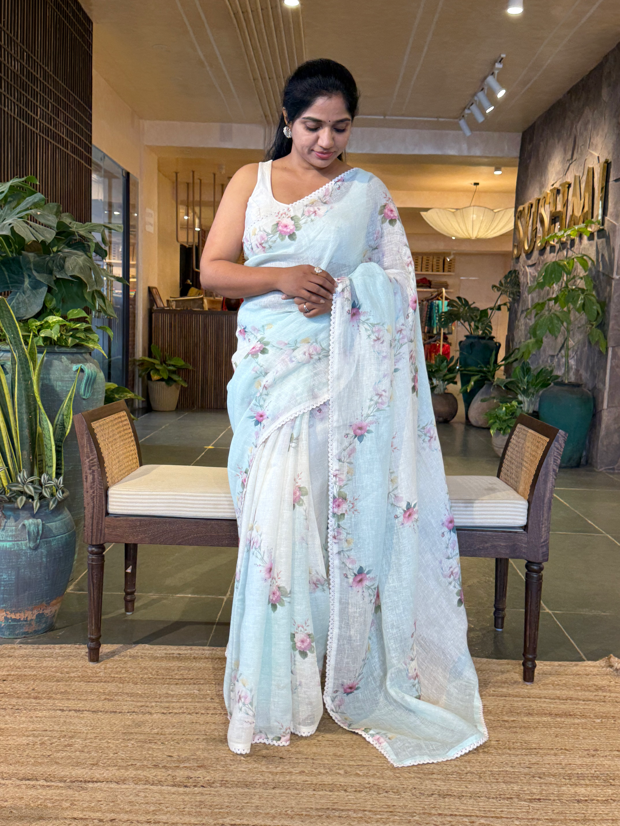 Skyblue Pure Handloom Linen Printed Saree in Lehariya Style