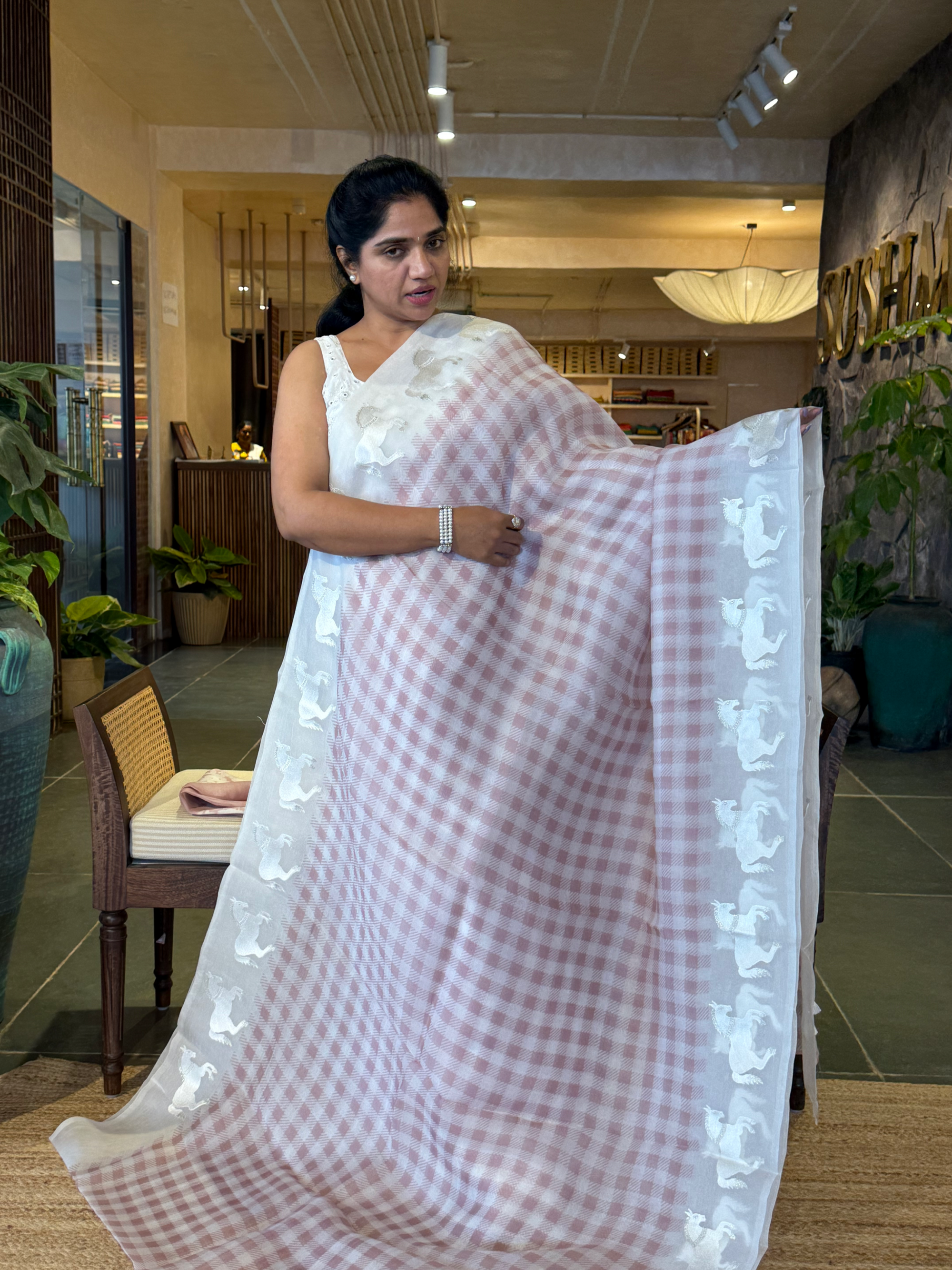 SOCH1303 : White & Dusty Pink Organza Saree With Horse Border & Floral BP