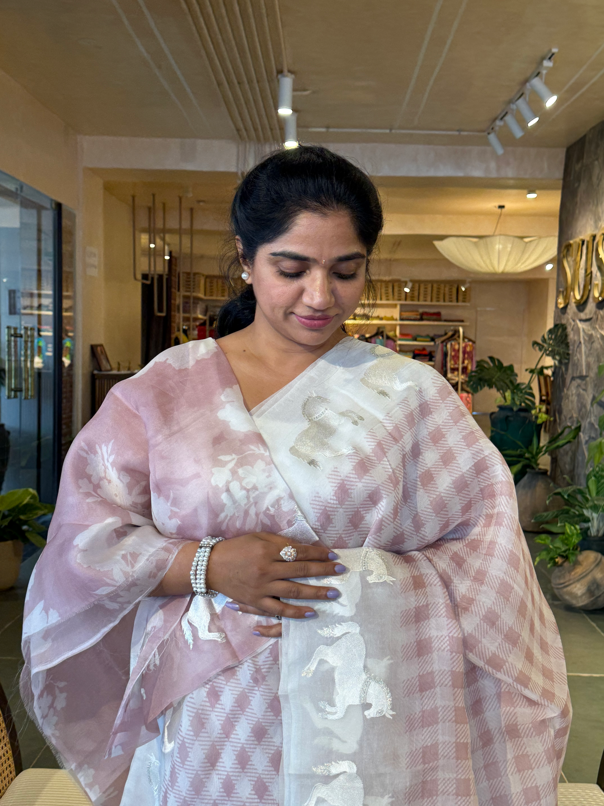 SOCH1303 : White & Dusty Pink Organza Saree With Horse Border & Floral BP