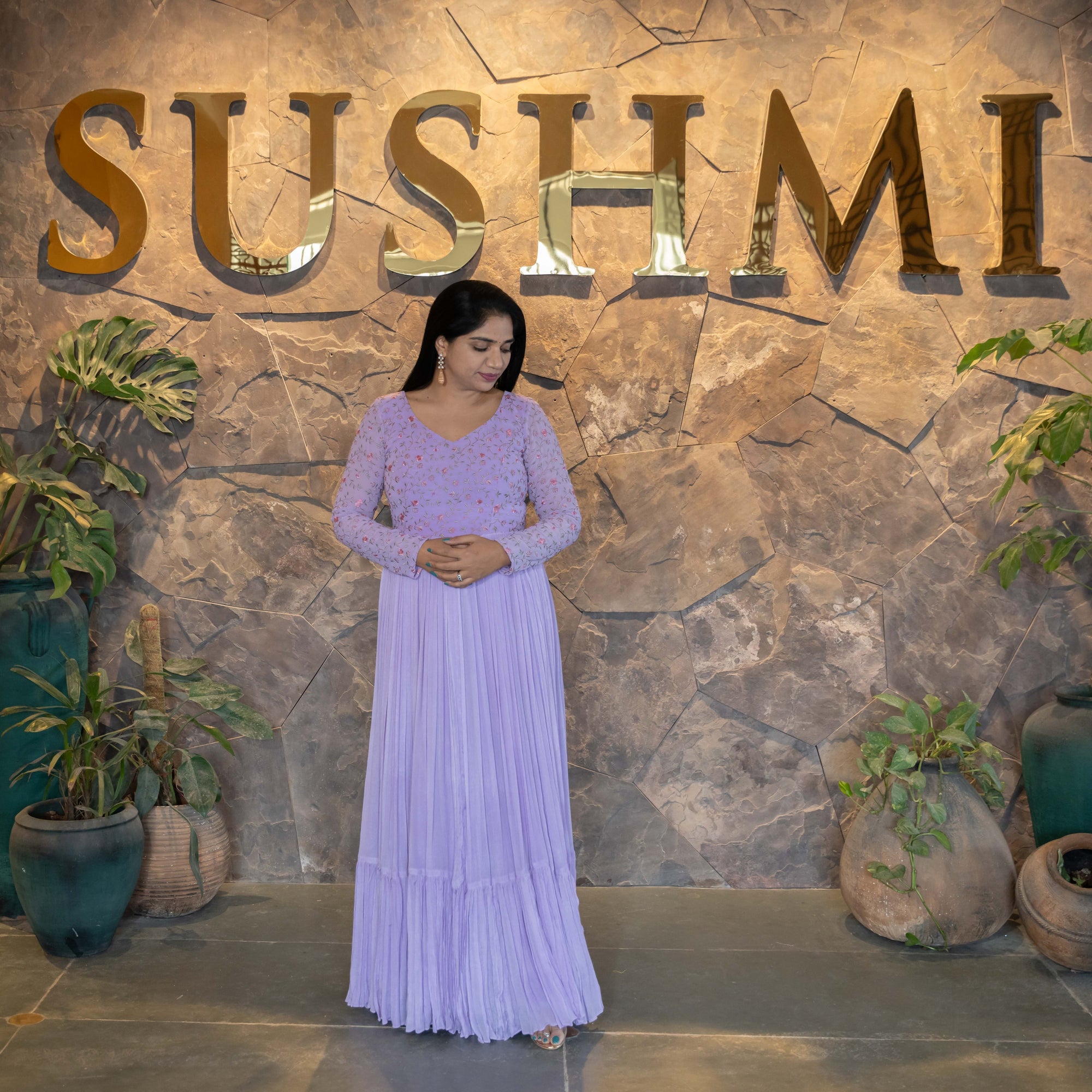 Pure chinnon long frock with embroidered yoke