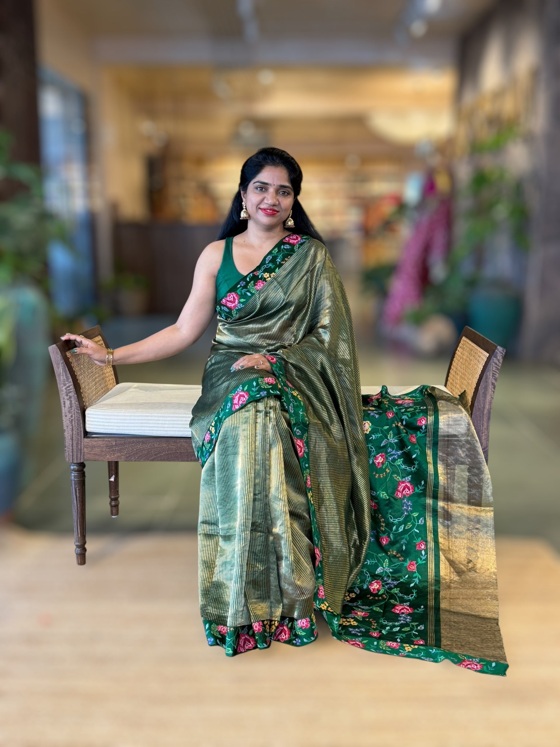 BottleGreen Tissue Stripes Saree wth Petite Point Embroidered Border Pallu & BP