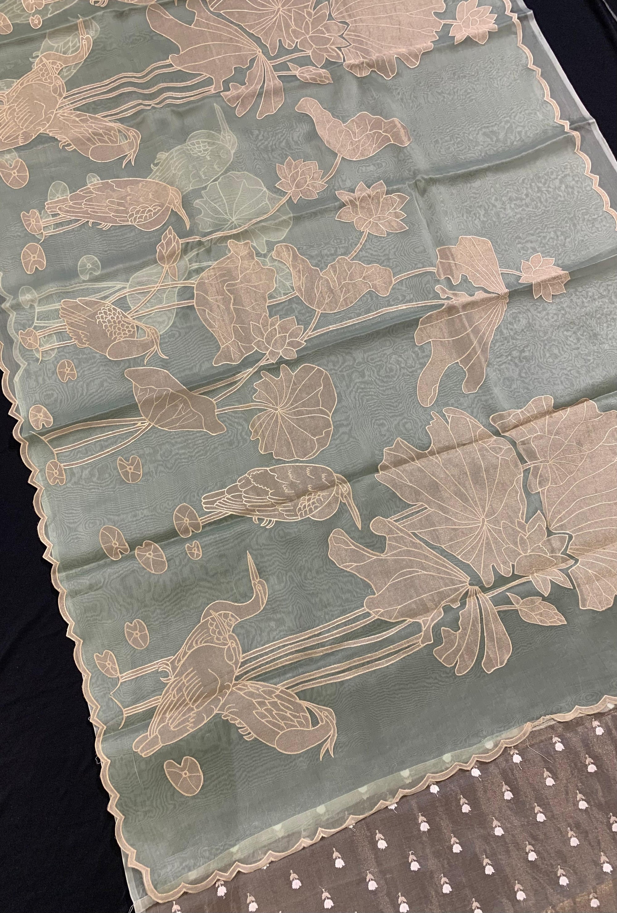 Mint Green Pure Organza Designer Saree with Allover Tissue Applique Embroidery