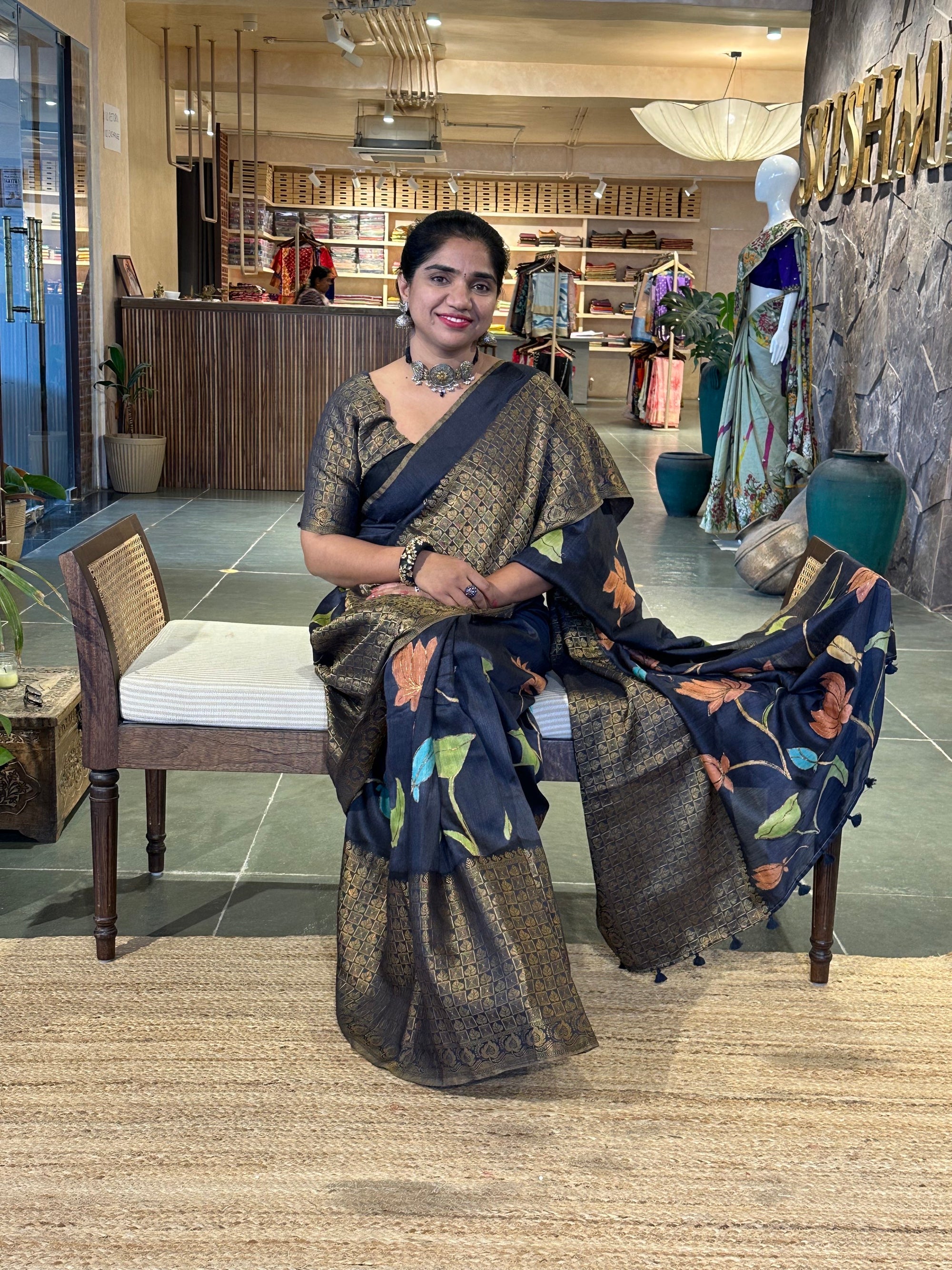 Elephant Black Pure Handloom Munga Banarasi Saree with pichwai handpainting .