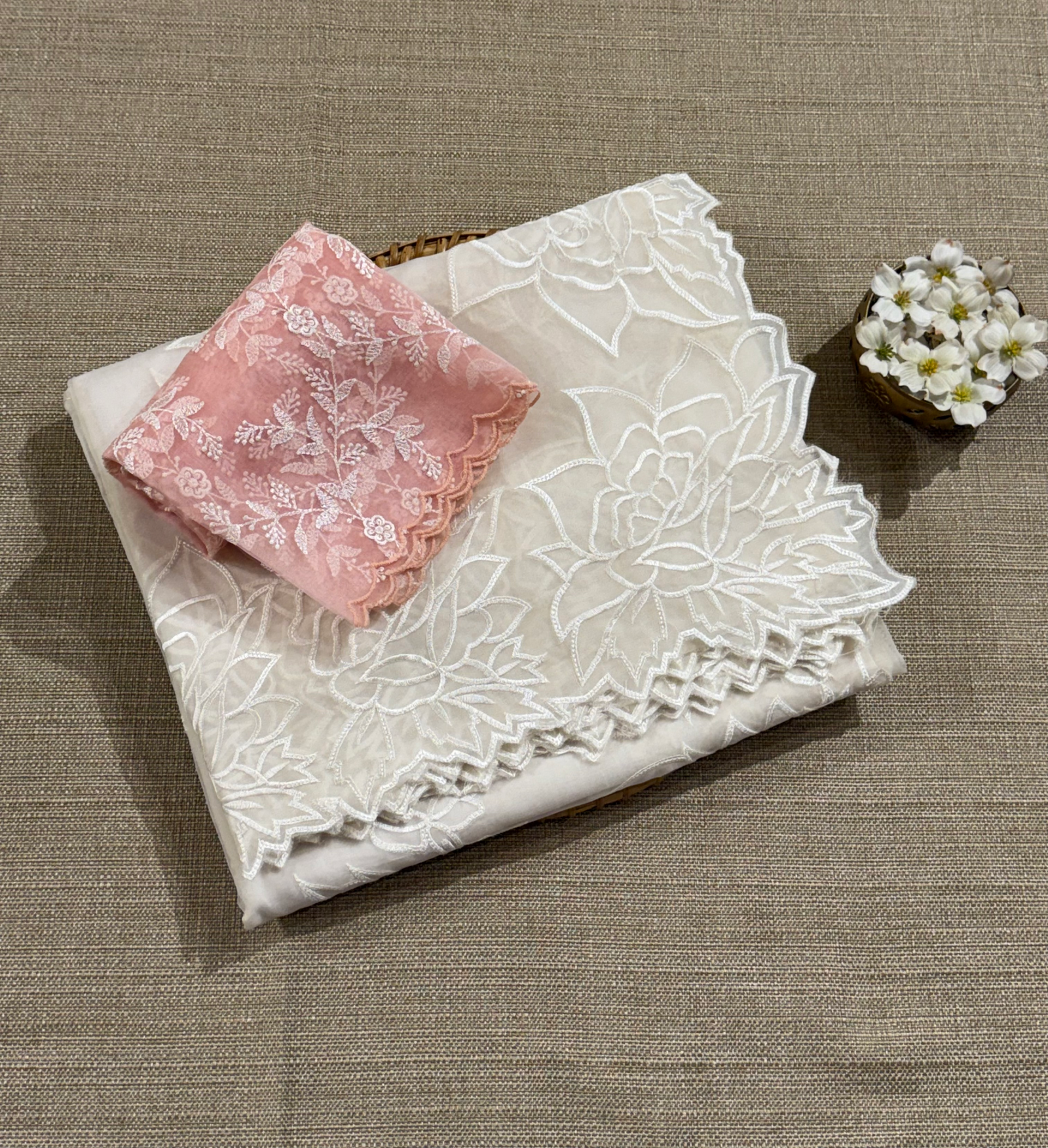 OROSEV1901 : White Organza Saree with Embroidered Rose Border