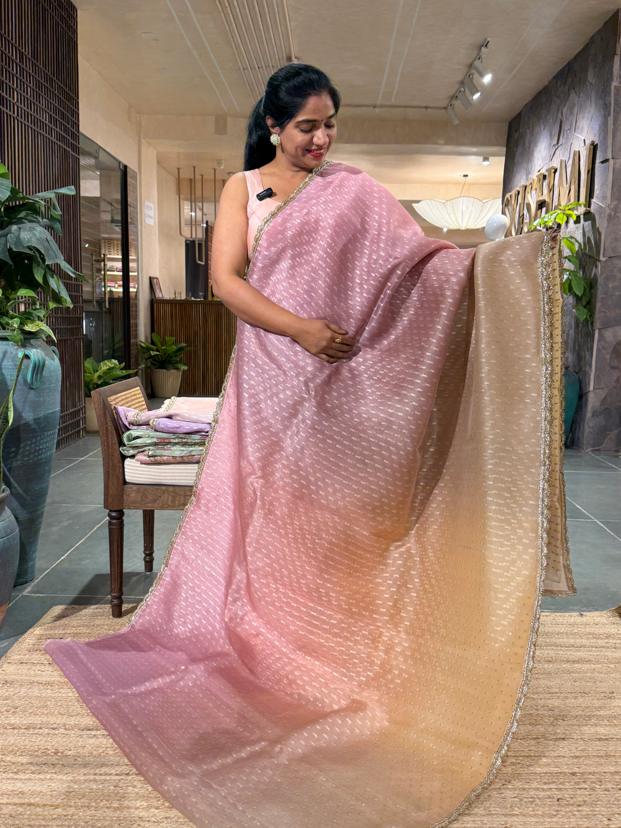 Ombre Dyed Pure Organza Saree with allover zari butis and  Embroidered Blouse