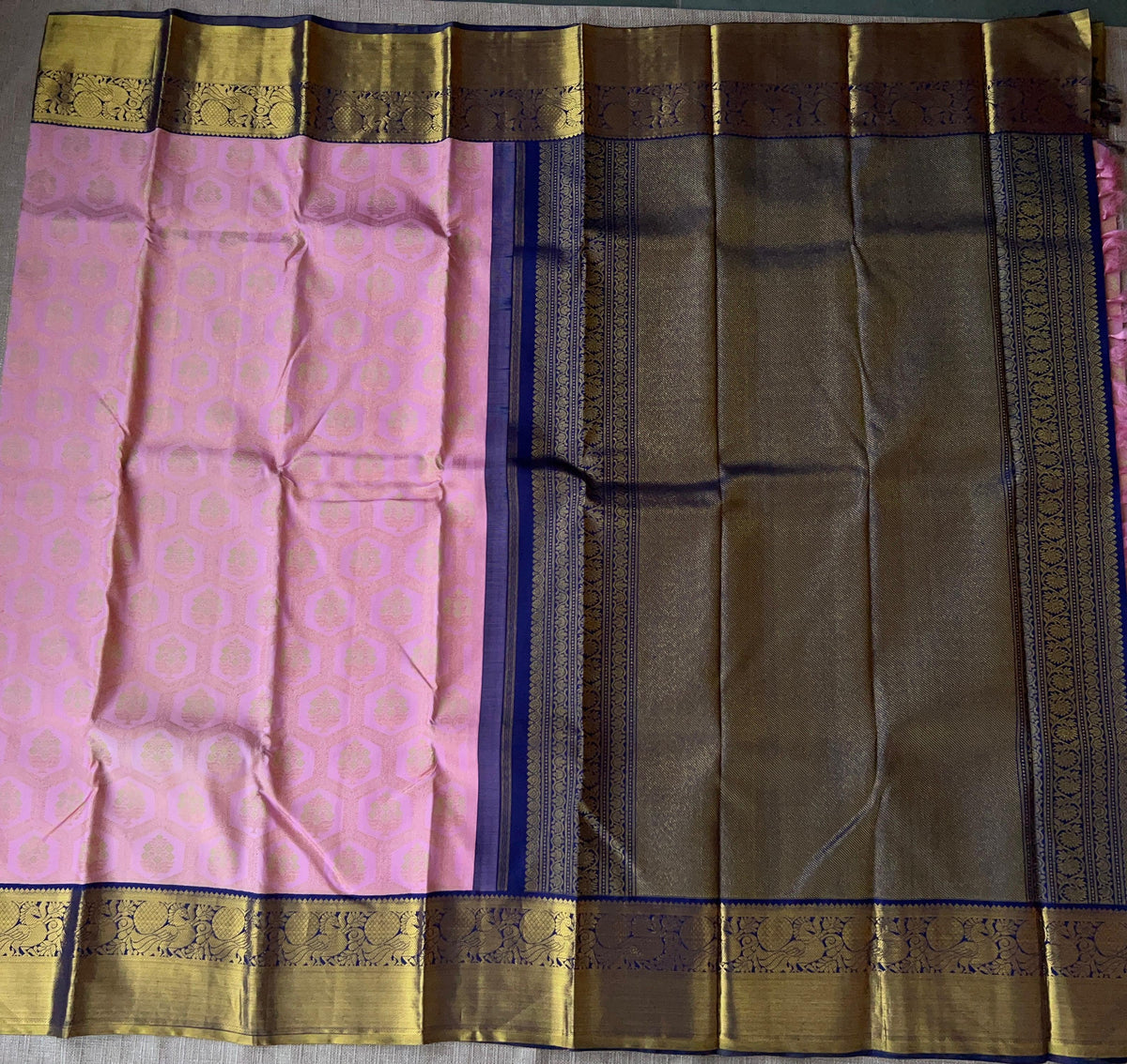 Pure Kanchi Pattu Saree – Baby Pink with Midnight Blue