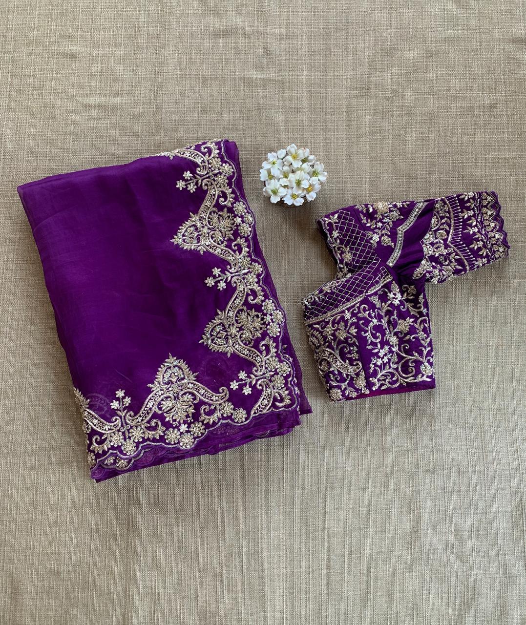 Purple Organza Heavy Handwork Saree