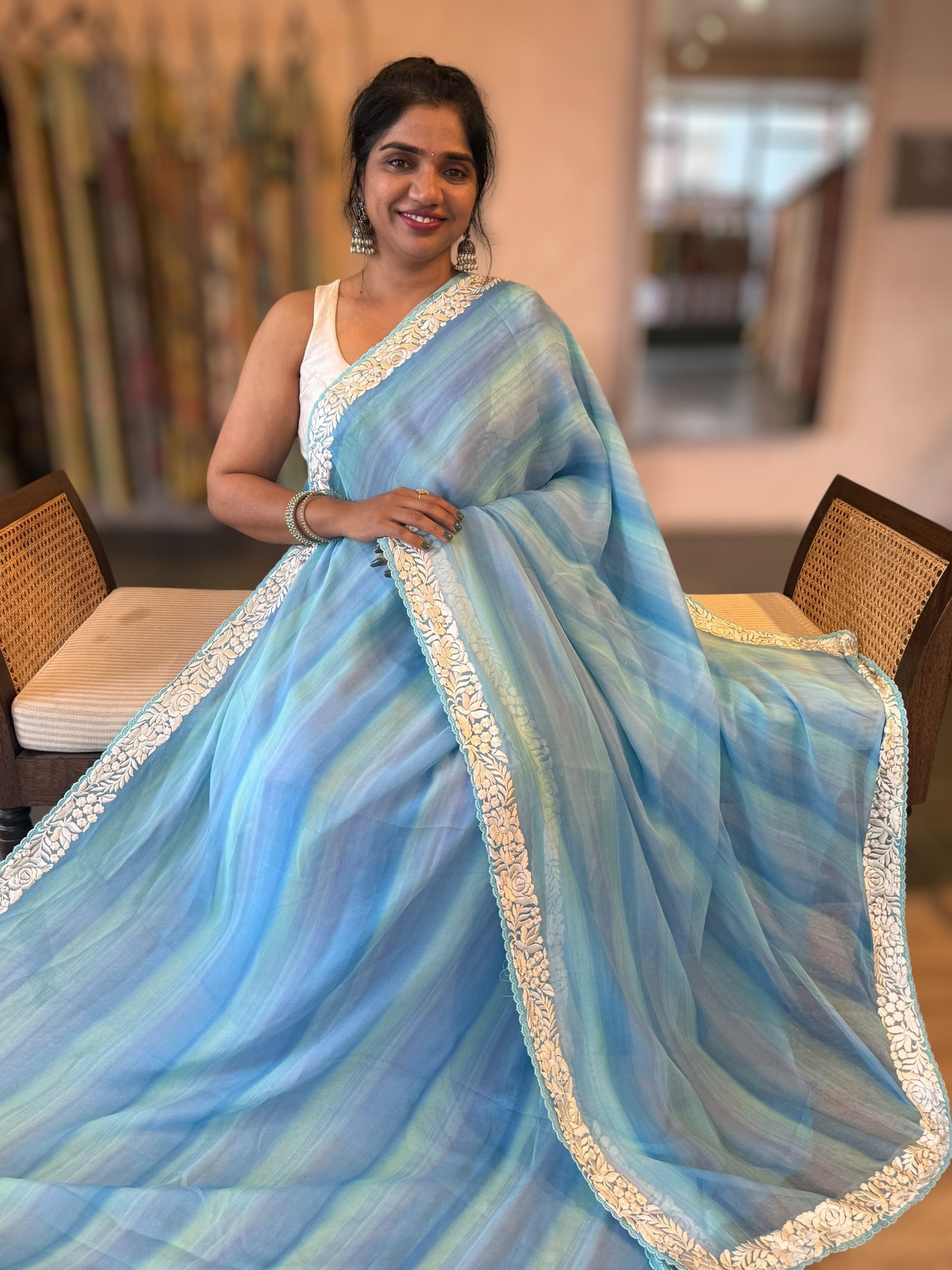 Pure Chiffon Saree with Ombre Brush dyeing & Parsi Gara Embroidered Border