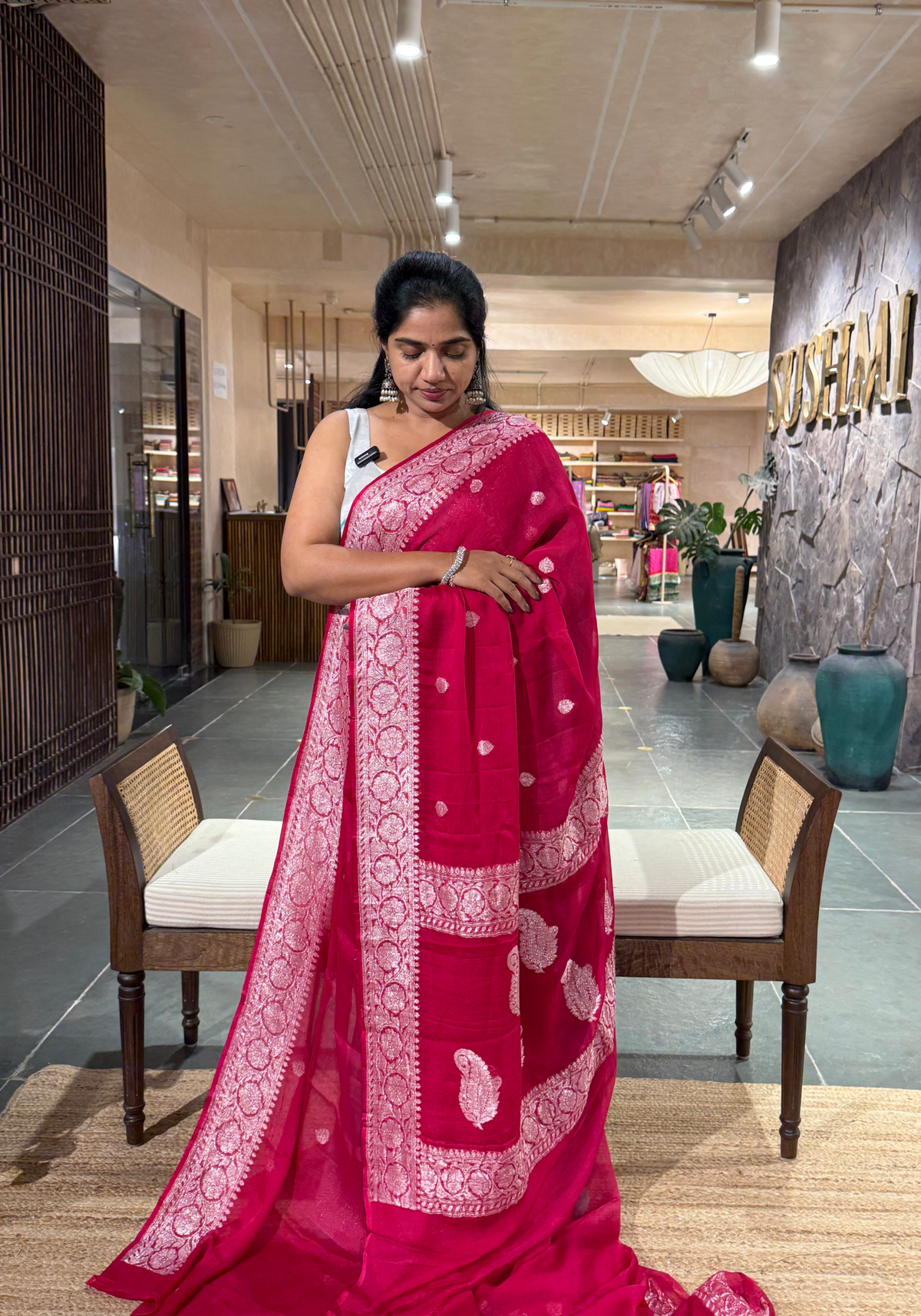 Beetroot Pink Banarasi Handloom Khaddi Chiffon Saree with silver