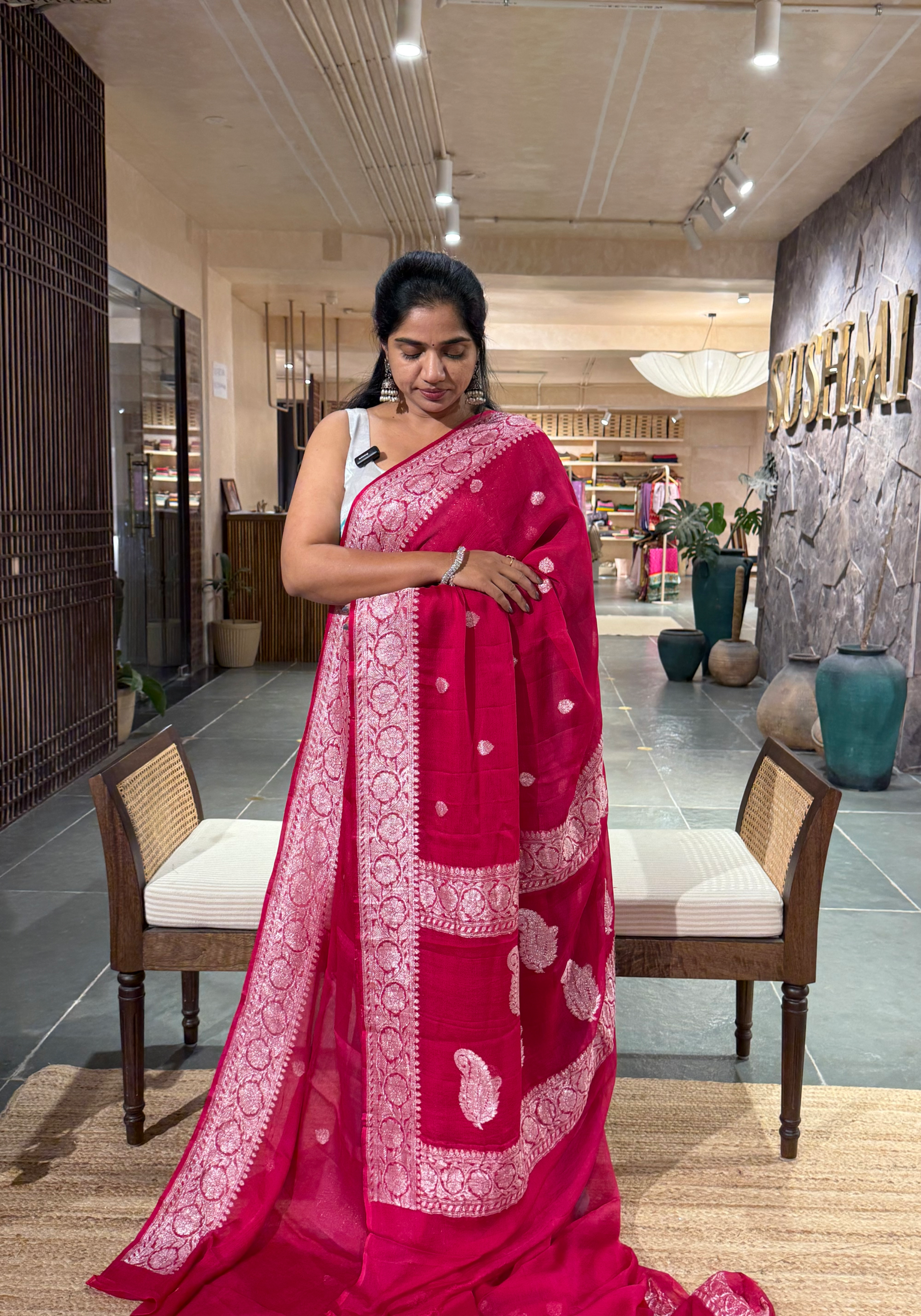 Beetroot Pink Banarasi Handloom Khaddi Chiffon Saree with silver
