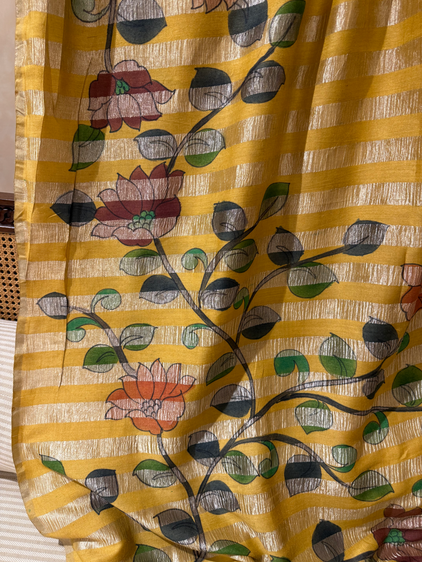 SMTKM173 Pure Handloom Munga Silk Wth Tissue Stripes & Penkalamkari Handpainting